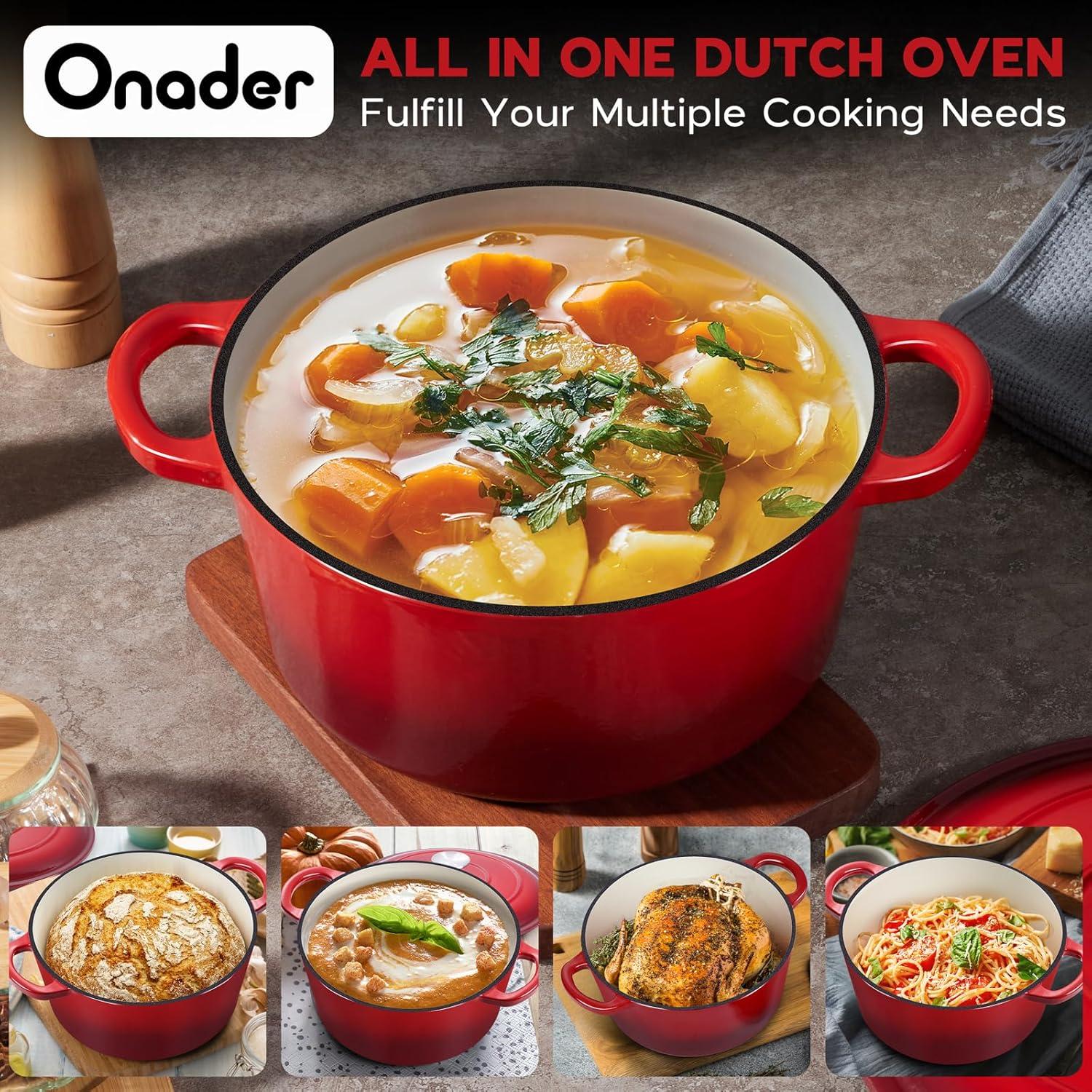 Onader 5QT Enameled Cast Iron Dutch Oven, Round Dutch Oven Pot with Lid for Sourdough Bread Baking - Red