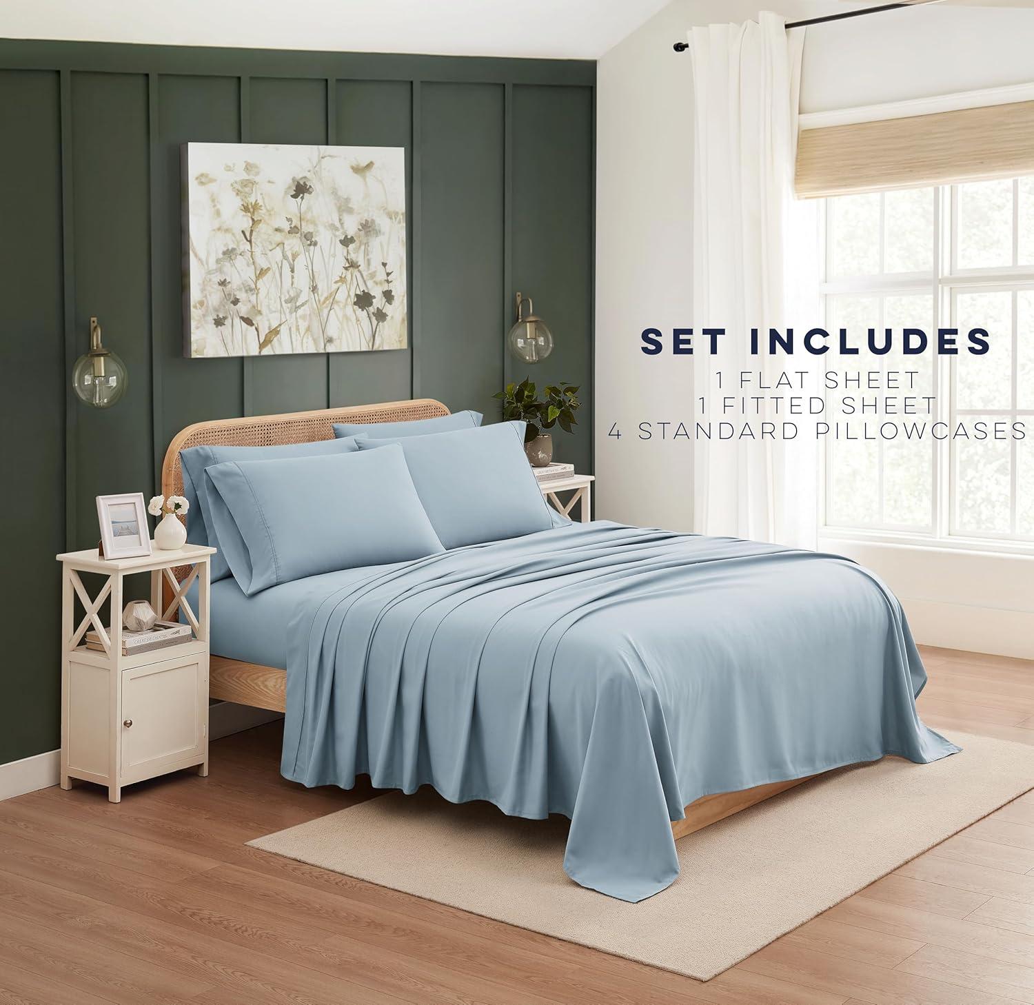 Casual Living Queen Sheets Set 6 Piece Cooling Bed Sheets with 4 Envelope Pillowcases Soft Microfiber Deep Pocket Hypoallergenic Washable Bedding Set for Guest or Master Bedroom, Queen, Light Blue