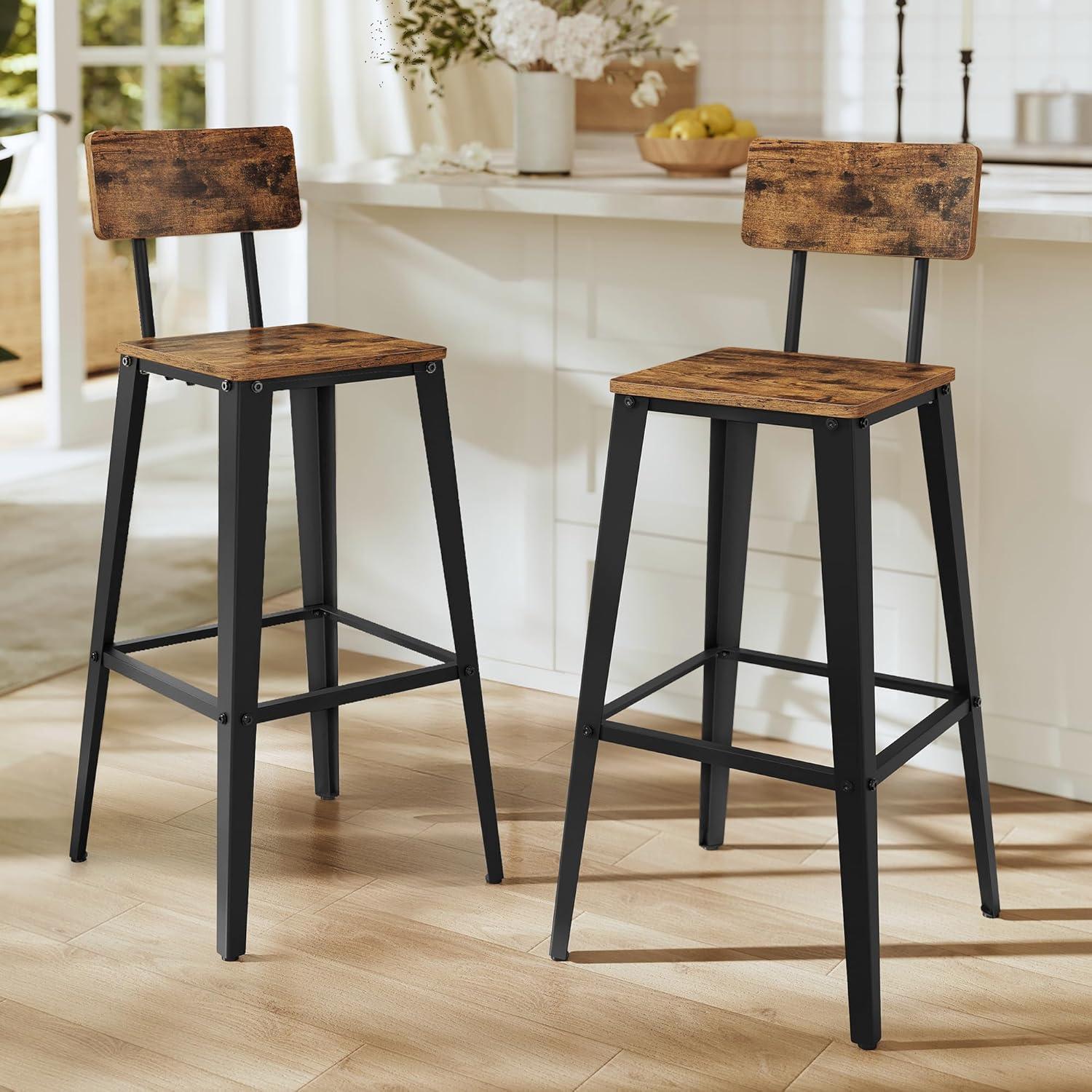 VASAGLE 2 Pack Bar Stools, Bar Height Stools, Tall Bar Stools with Back, Rustic Brown and Black
