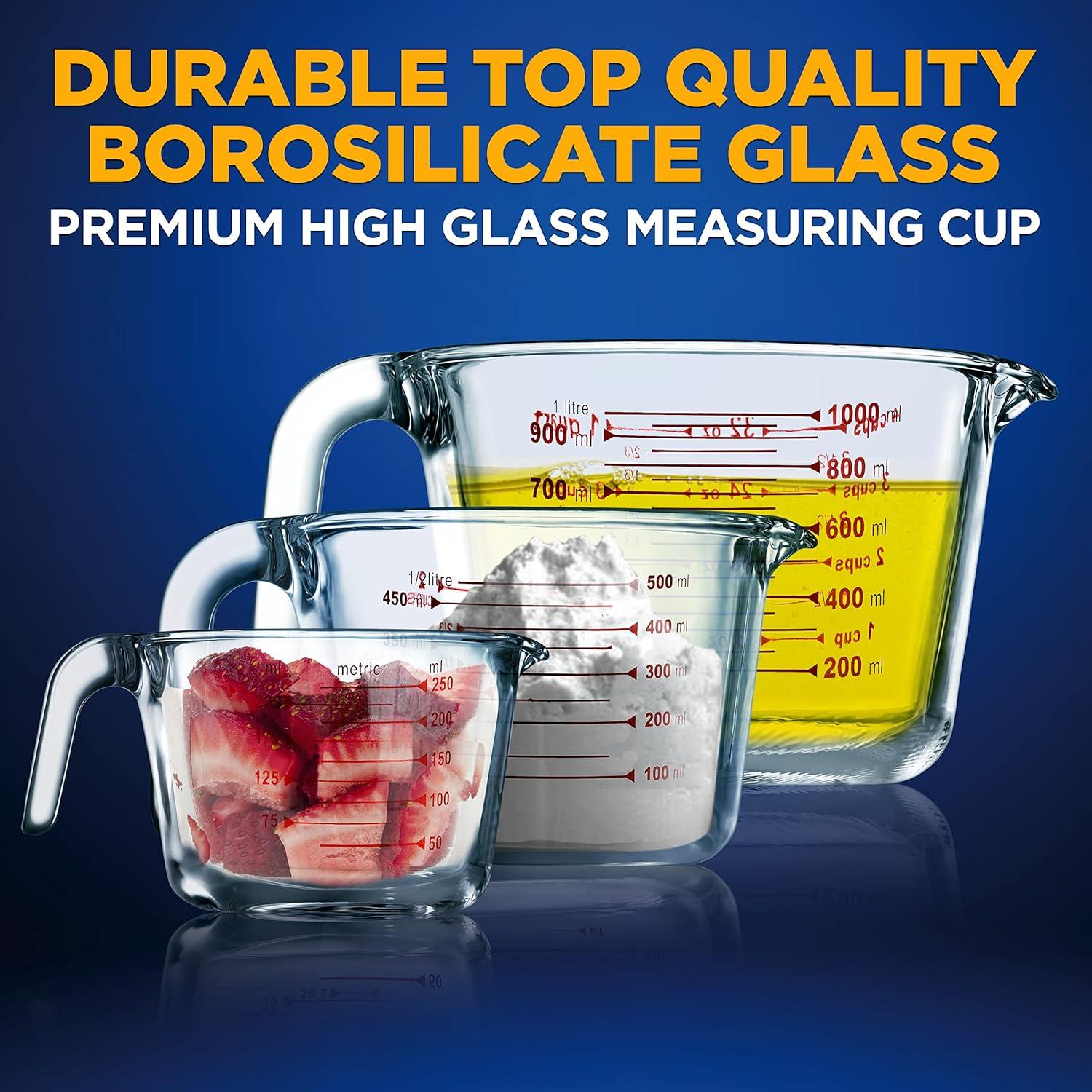 NutriChef 3pc Premium Glass Measuring Cup Set with Easy-Grip Handles - NCGL3MES