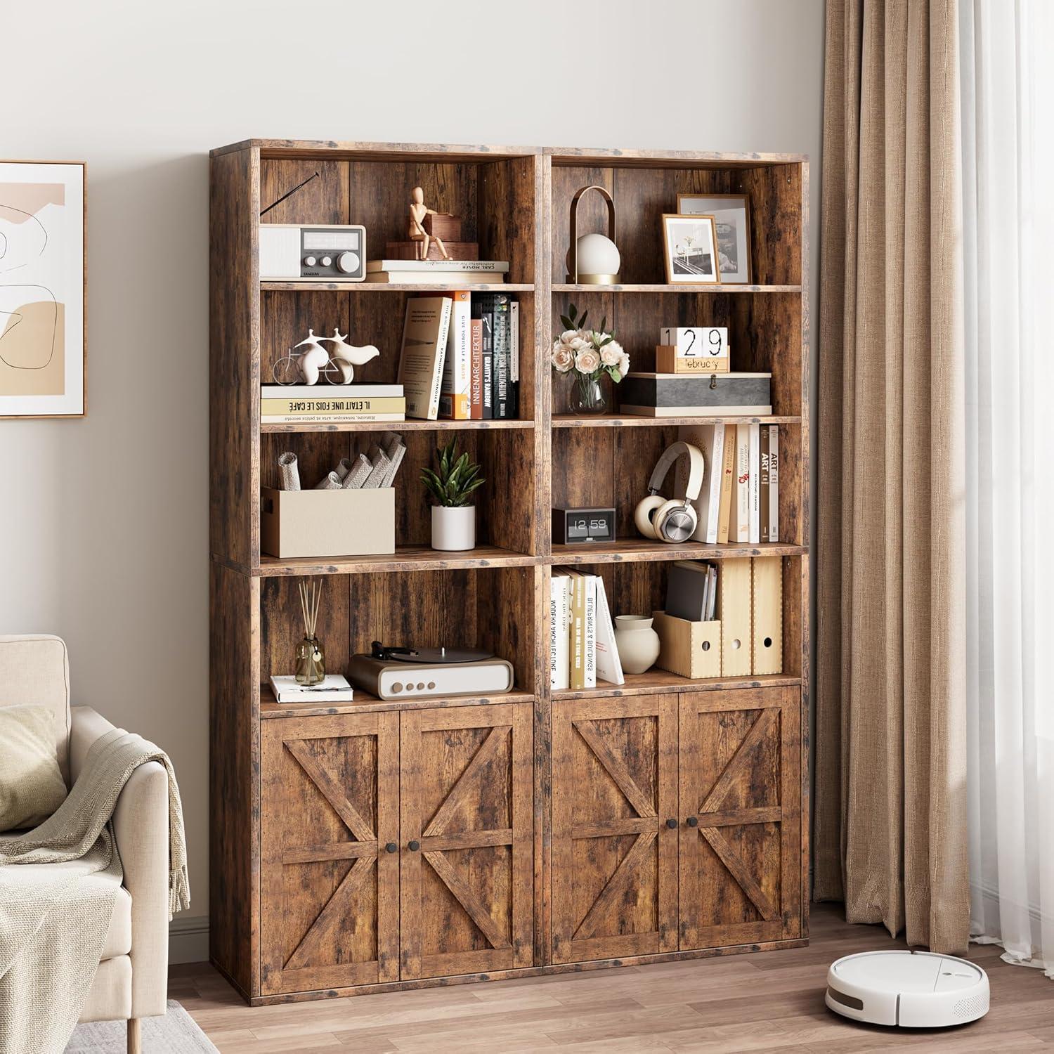 Rustic Brown Wood Farmhouse Bookcase with Doors