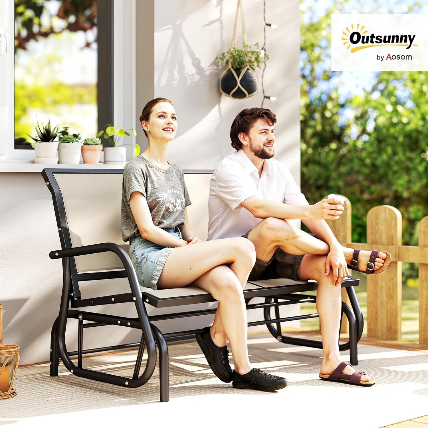 Outsunny 2-Person Outdoor Glider Bench, Patio Double Swing Rocking Chair Loveseat w/Powder Coated Steel Frame for Backyard Garden Porch, Beige
