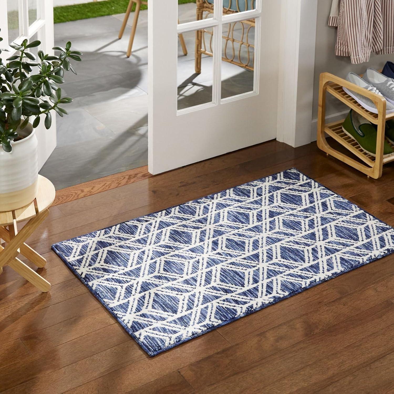 Navy Blue Tufted Synthetic Washable Kitchen Runner Mat