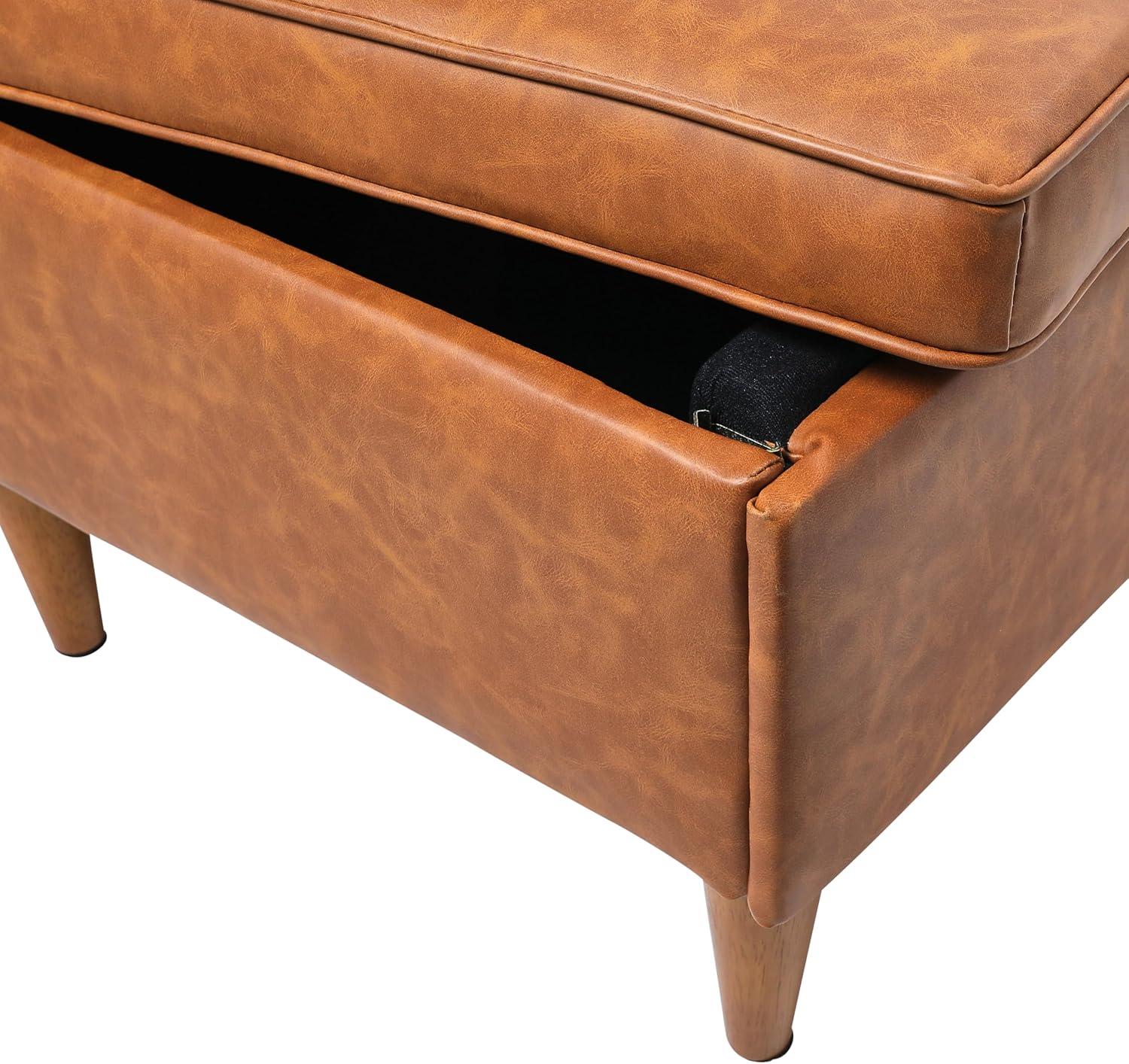 Storied Home Atley Storage Ottoman Brown: Vegan Leather, Mid-Century Design, Plywood Frame, 18" Height