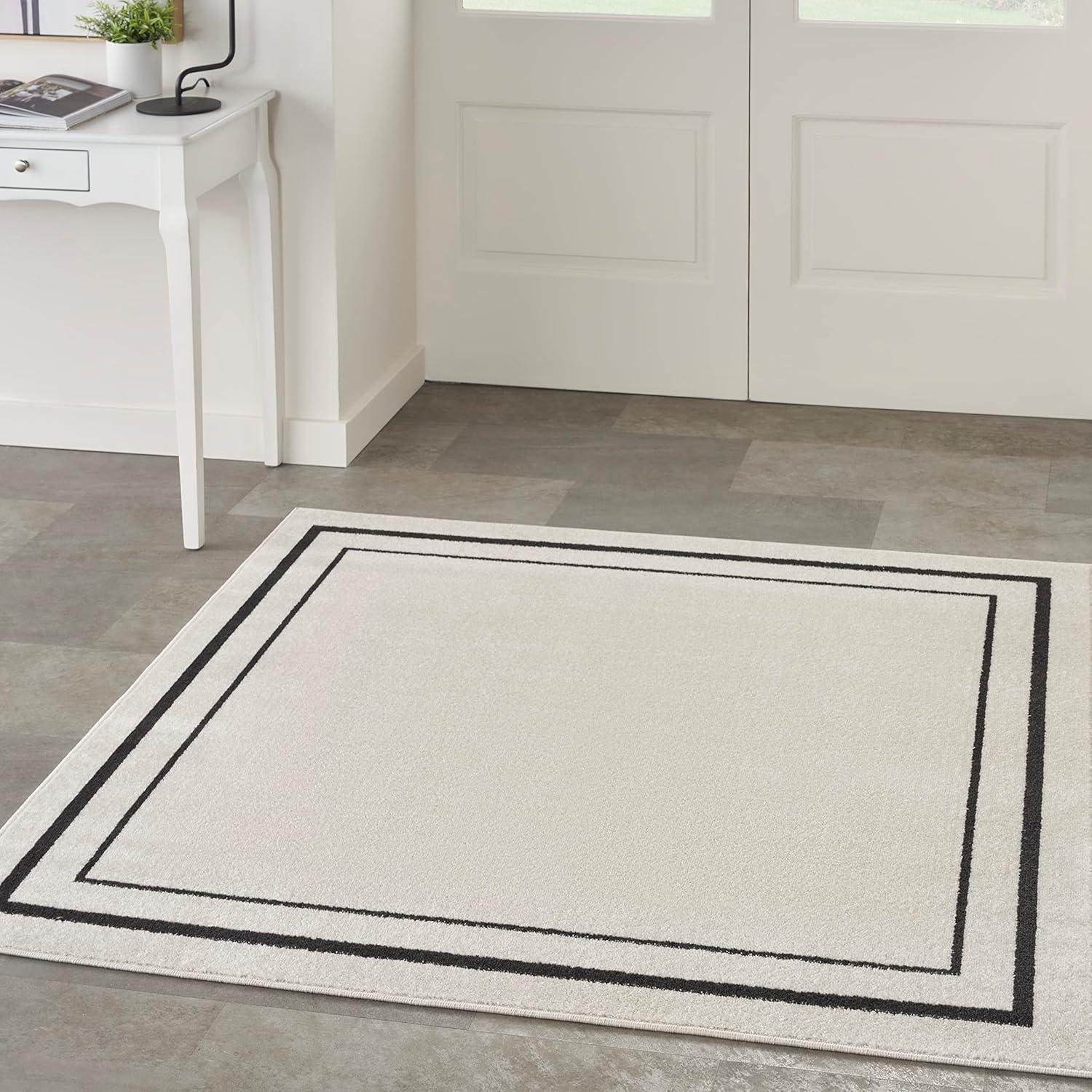 Contemporary Ivory/Black Square Outdoor Rug, Easy-Care Synthetic