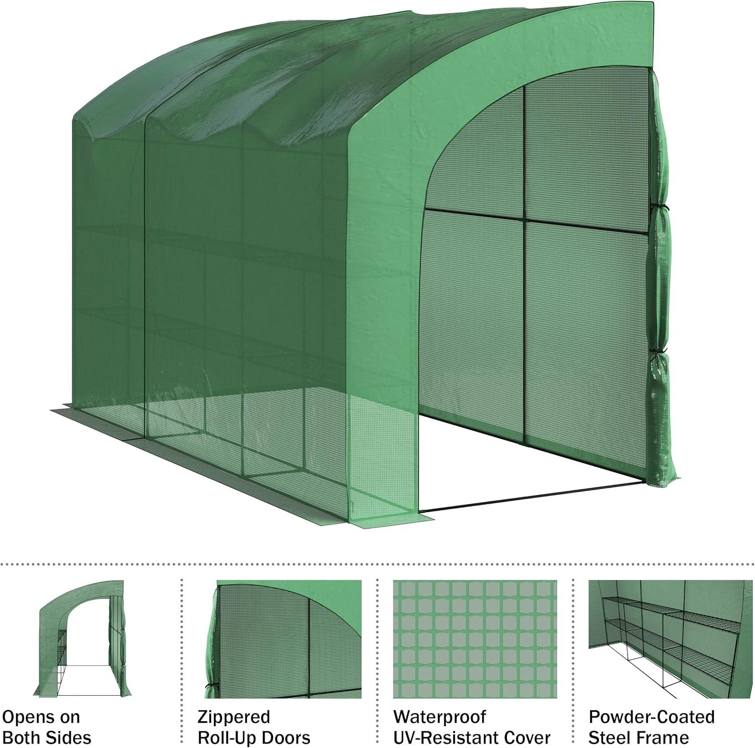 Lean To Greenhouse - 10ft x 5ft x 7ft Walk In Green House with Roll-Up Zippered Doors and 6 Shelves - Gardening Supplies by Home-Complete (Green)