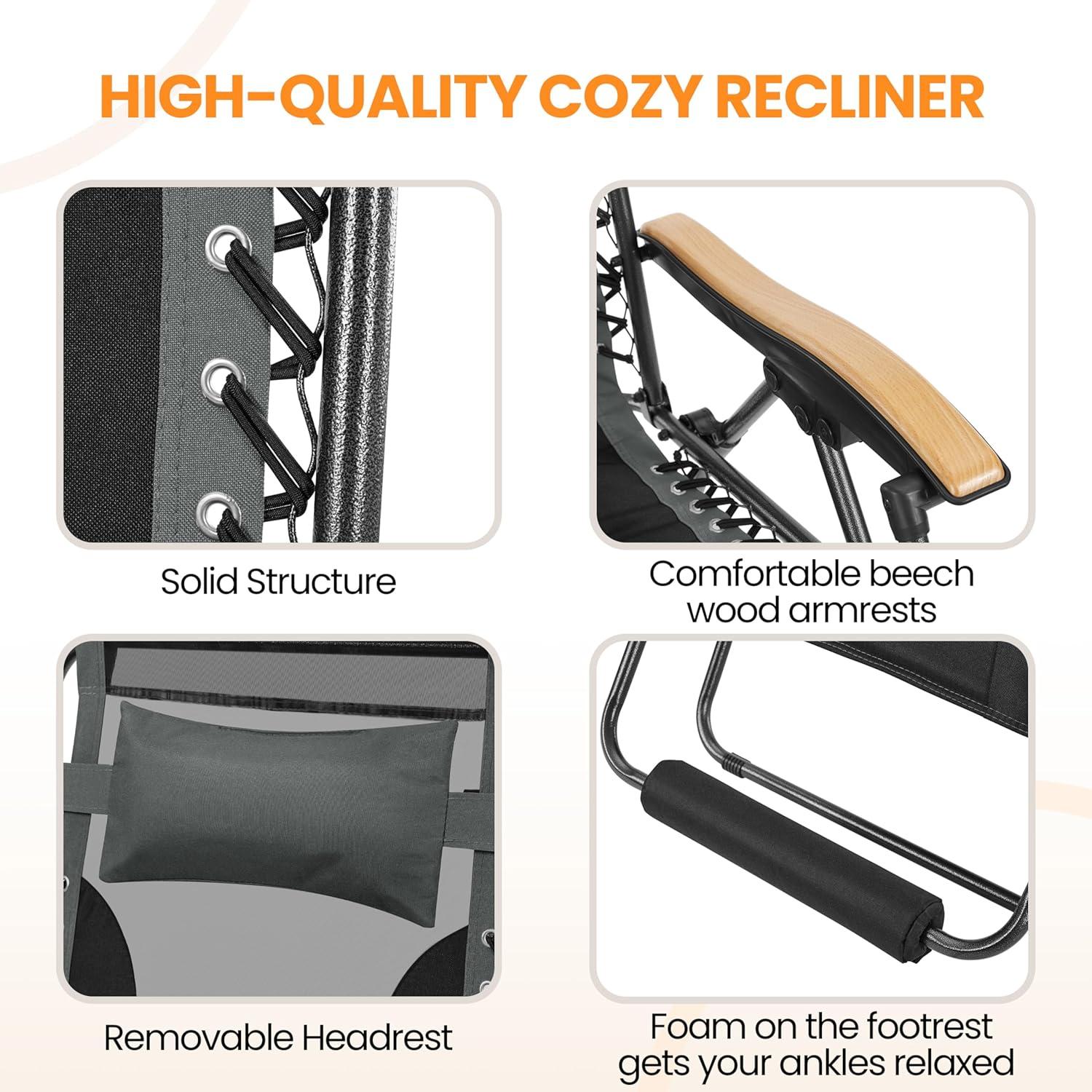 Yaheetech 29in Zero Gravity Chair, Adjustable Patio Padded Anti Gravity Recliner Foldable Outdoor Lounger with Cup Holder Tray, Canopy Shade and Headrest for Beach Camping Gray/Black/1