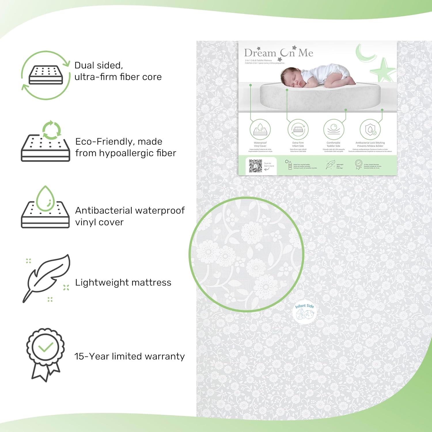 Dream on Me Orthopedic Firm Fiber Dual-Sided Crib & Toddler Mattress, Greenguard Gold Certified, 15 Years Warranty, Grey Embossed