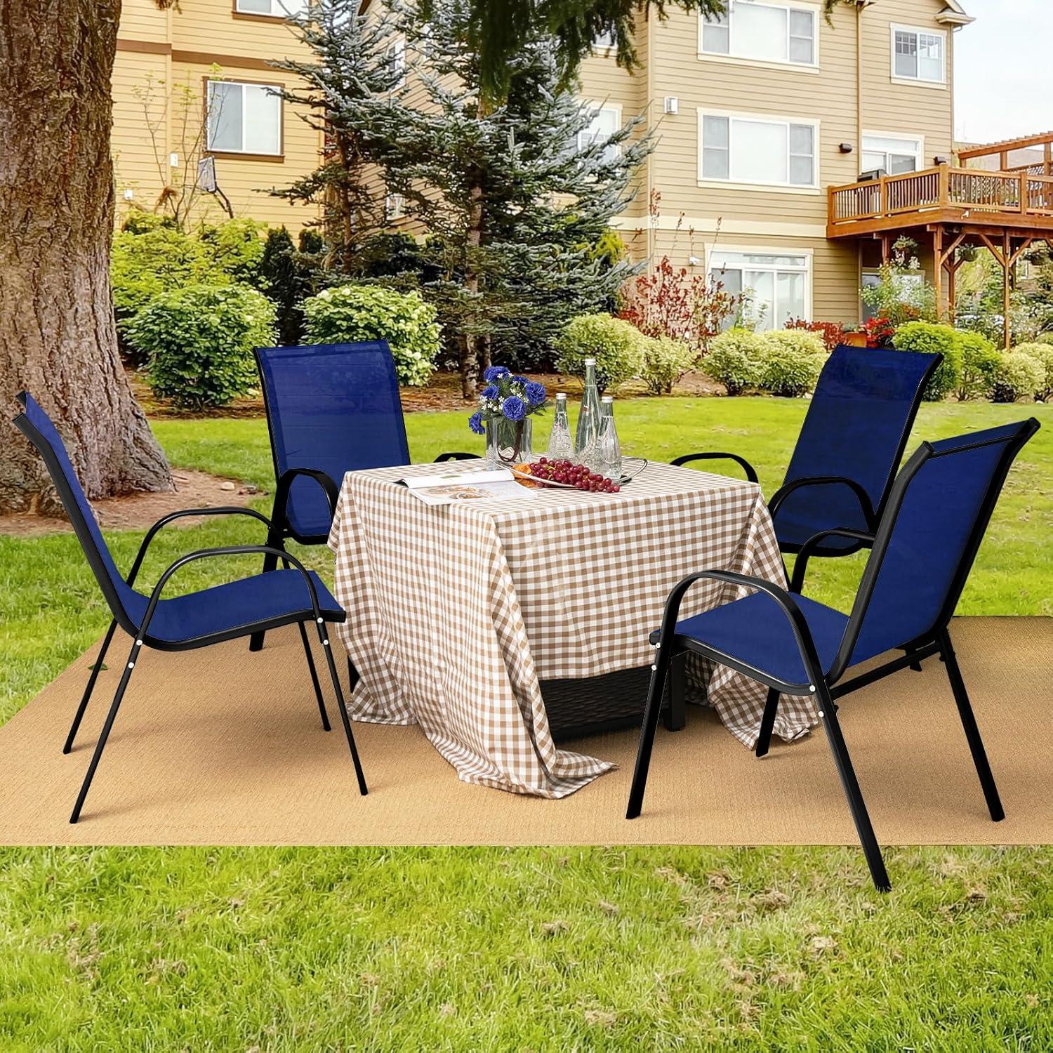 Tangkula Set of 4 Dining Chairs Stackable Armrest Space Saving Garden Patio Navy