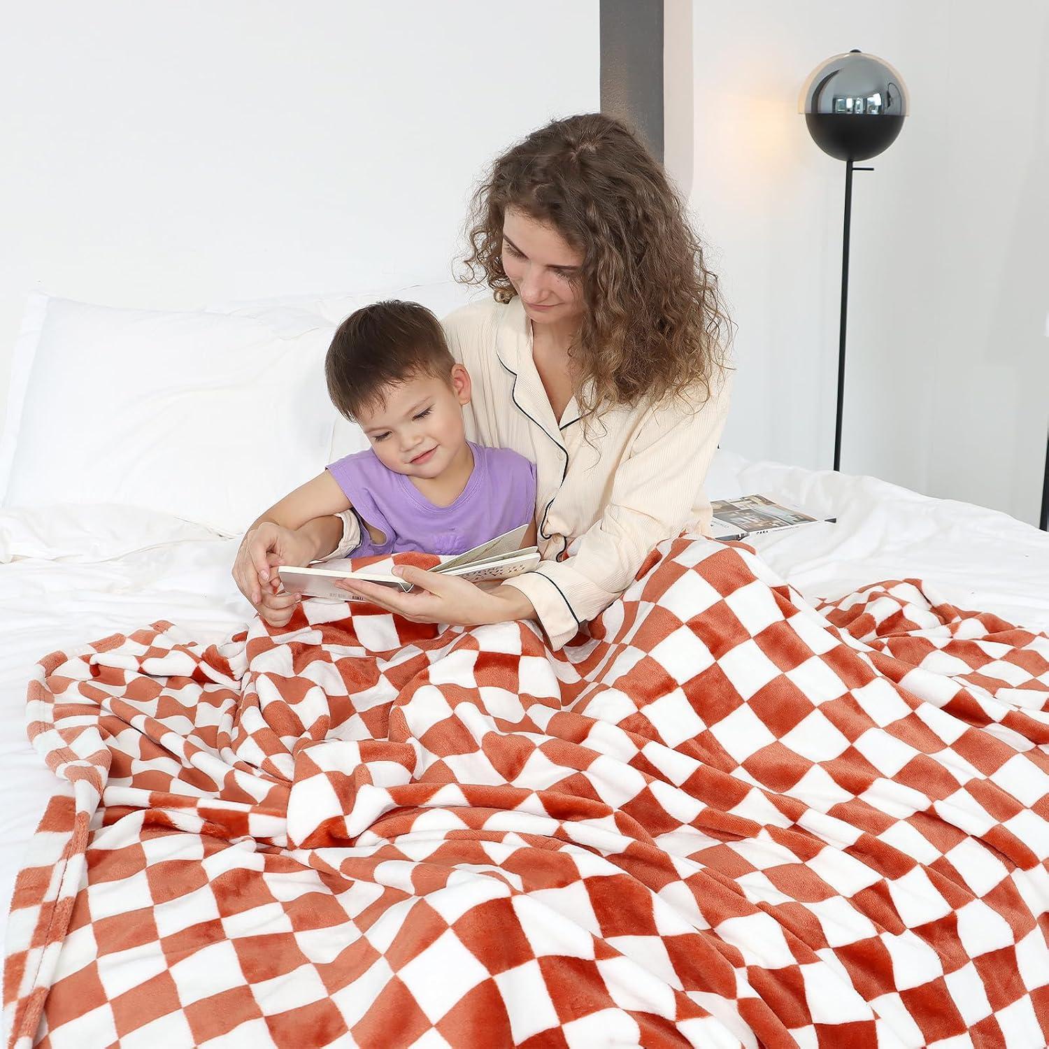 Brown and White Checkered Fleece Throw Blanket