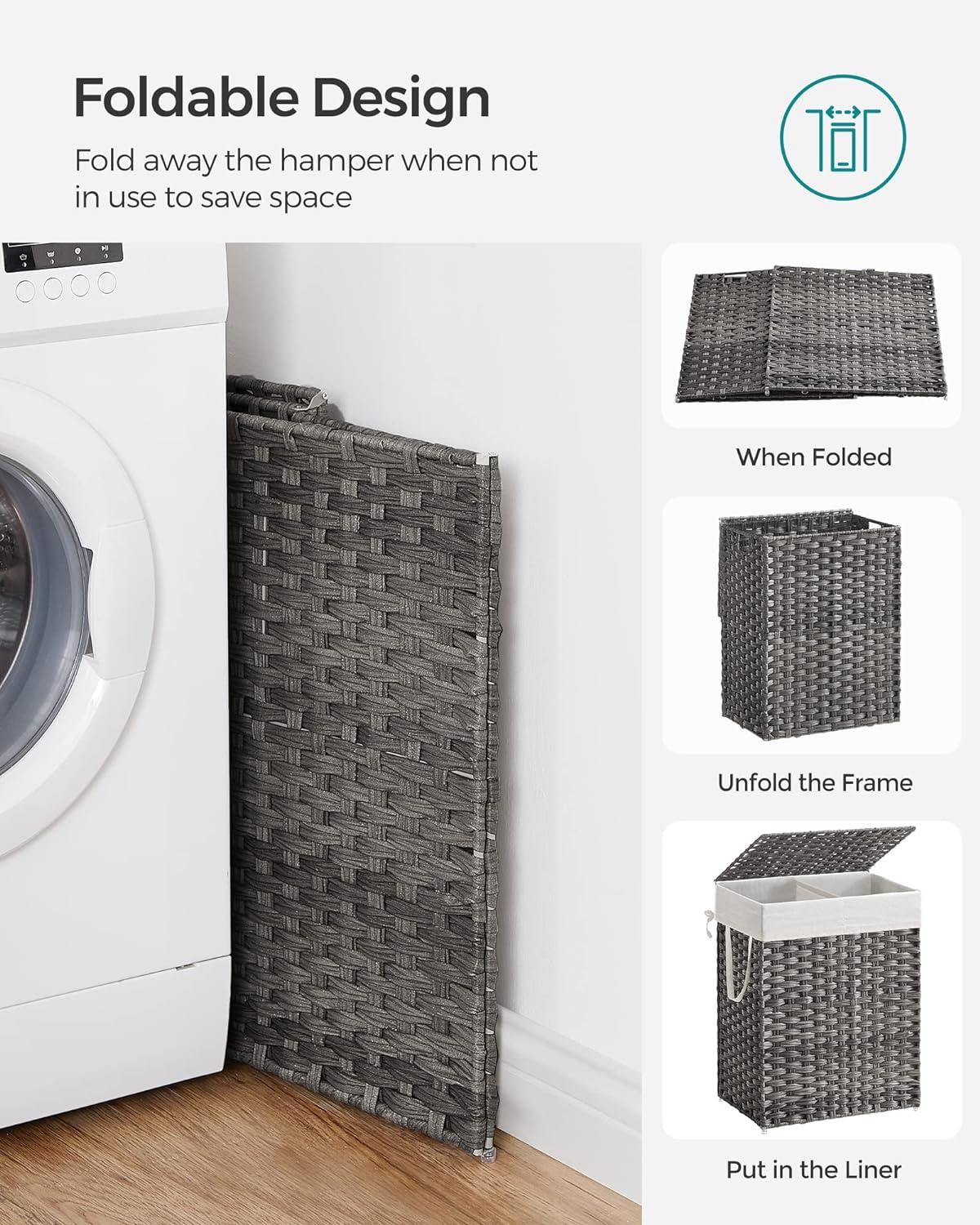 Gray Wicker Collapsible Laundry Hamper with Lid for Kids