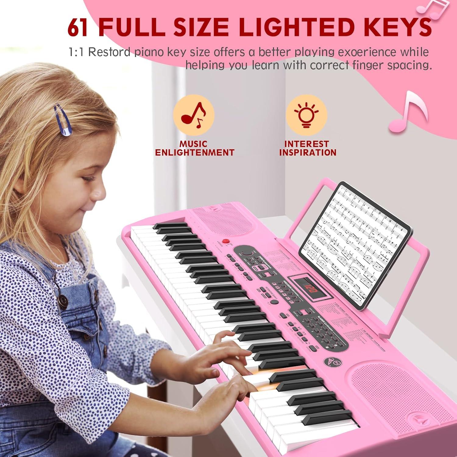 Fenbeli 61 Key Piano Keyboard with Lighted Keys Electric Keyboard Kit with Stand, Bench, Headphones, Built-in Speakers, Pink