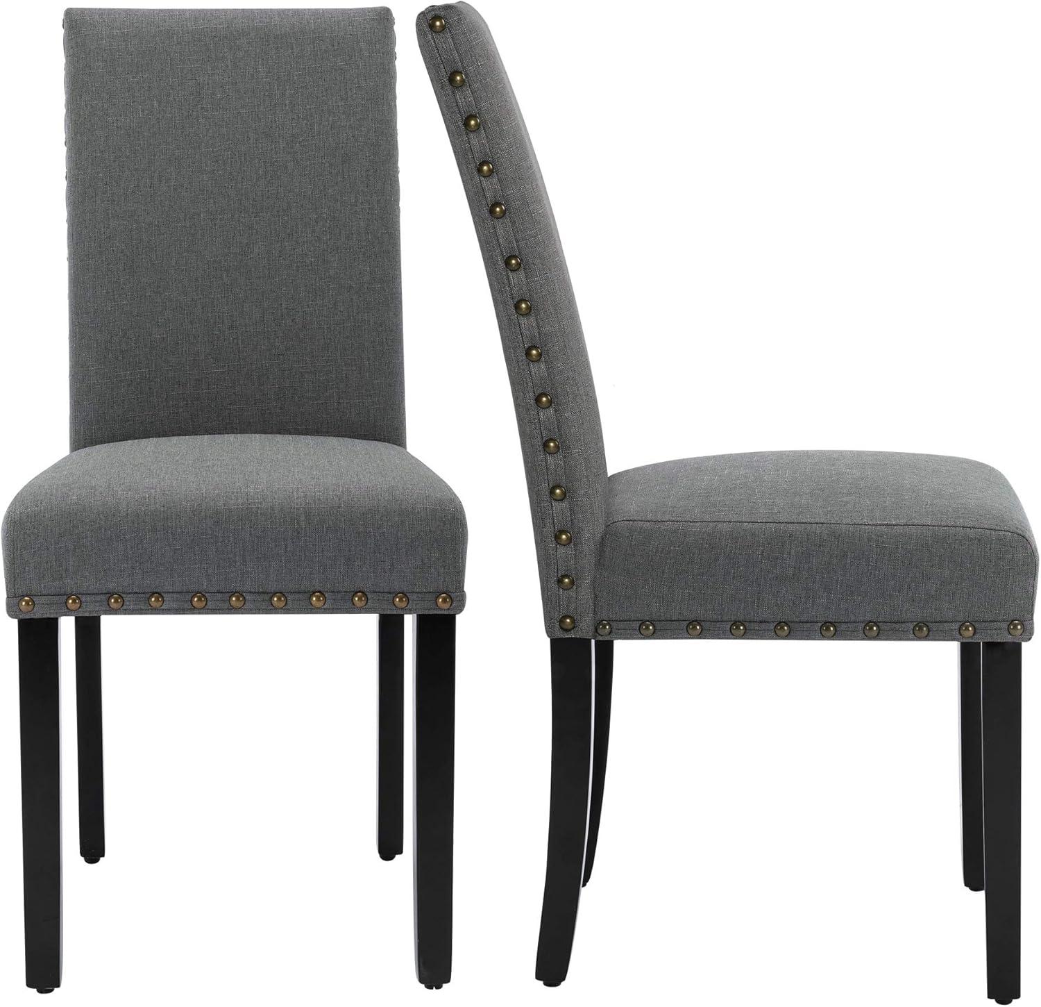 Upholstered Dining Chairs Set pf 2 Studded Parson Chairs with Nailheads and Sturdy Wooden Legs, Grey