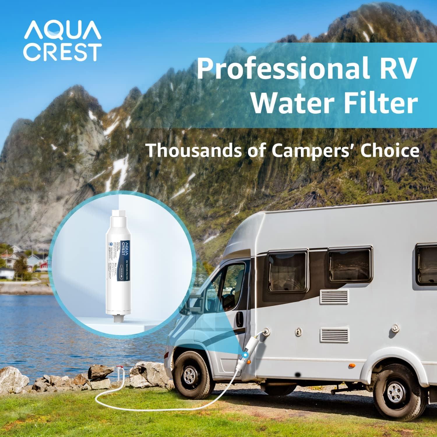 2 PACK, AQUA CREST RV Inline Water Filter with Hose Protector, NSF Certified, Greatly Reduces Chlorine, Bad Taste, Odor in Drinking Water, KDF Filter for RVs and Marines (Packaging May Vary)