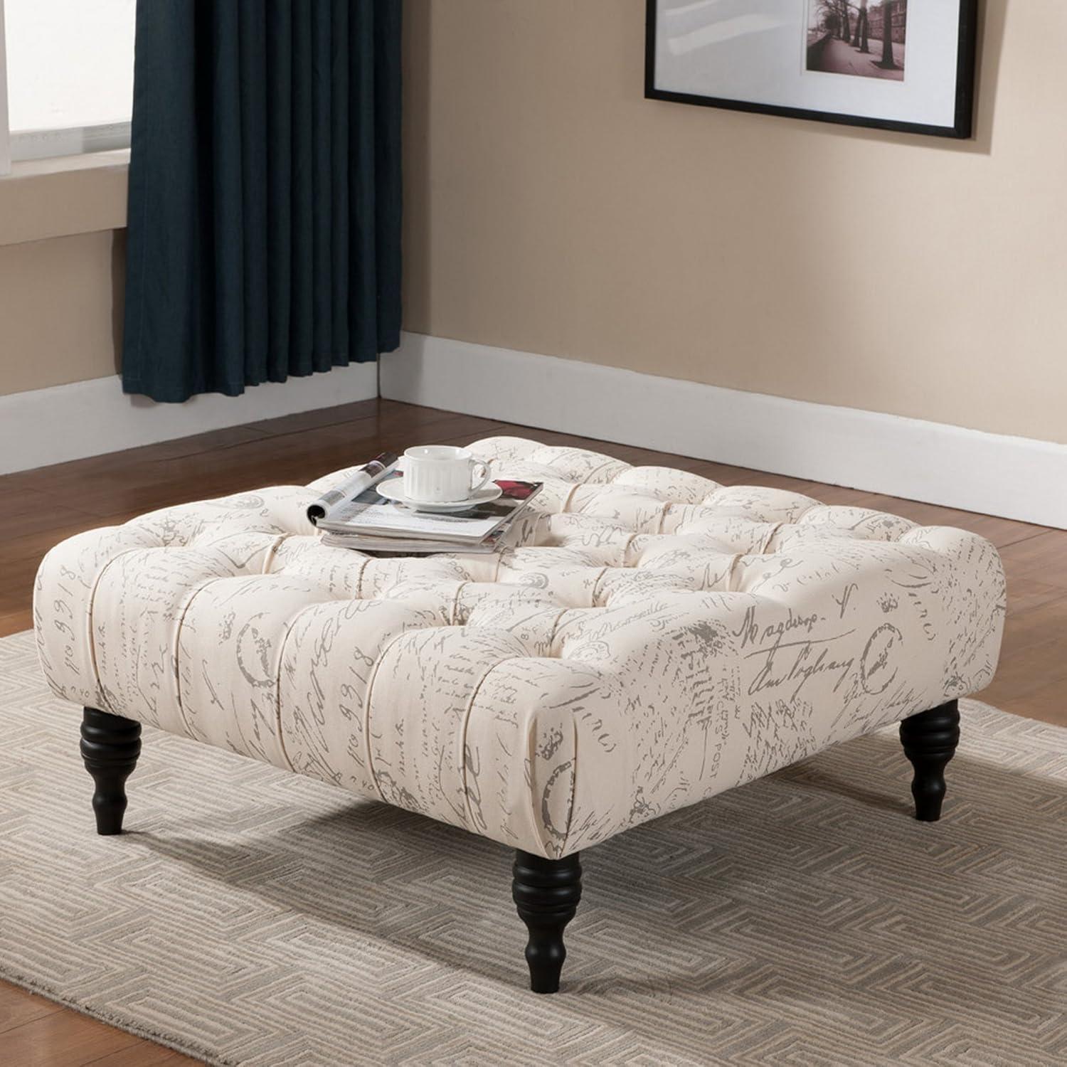 Keswick 35" Tufted Beige Script Print Ottoman with Wood Legs