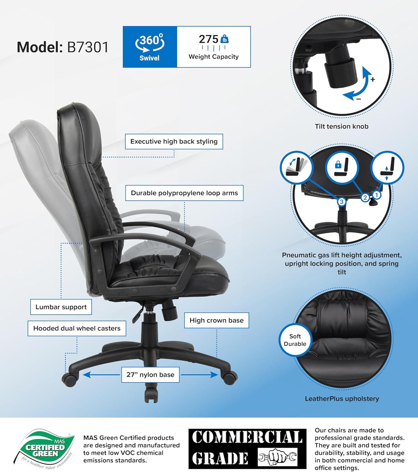 High Back LeatherPlus Chair Black - Boss Office Products: Ergonomic, Adjustable, Swivel, Casters/Wheels