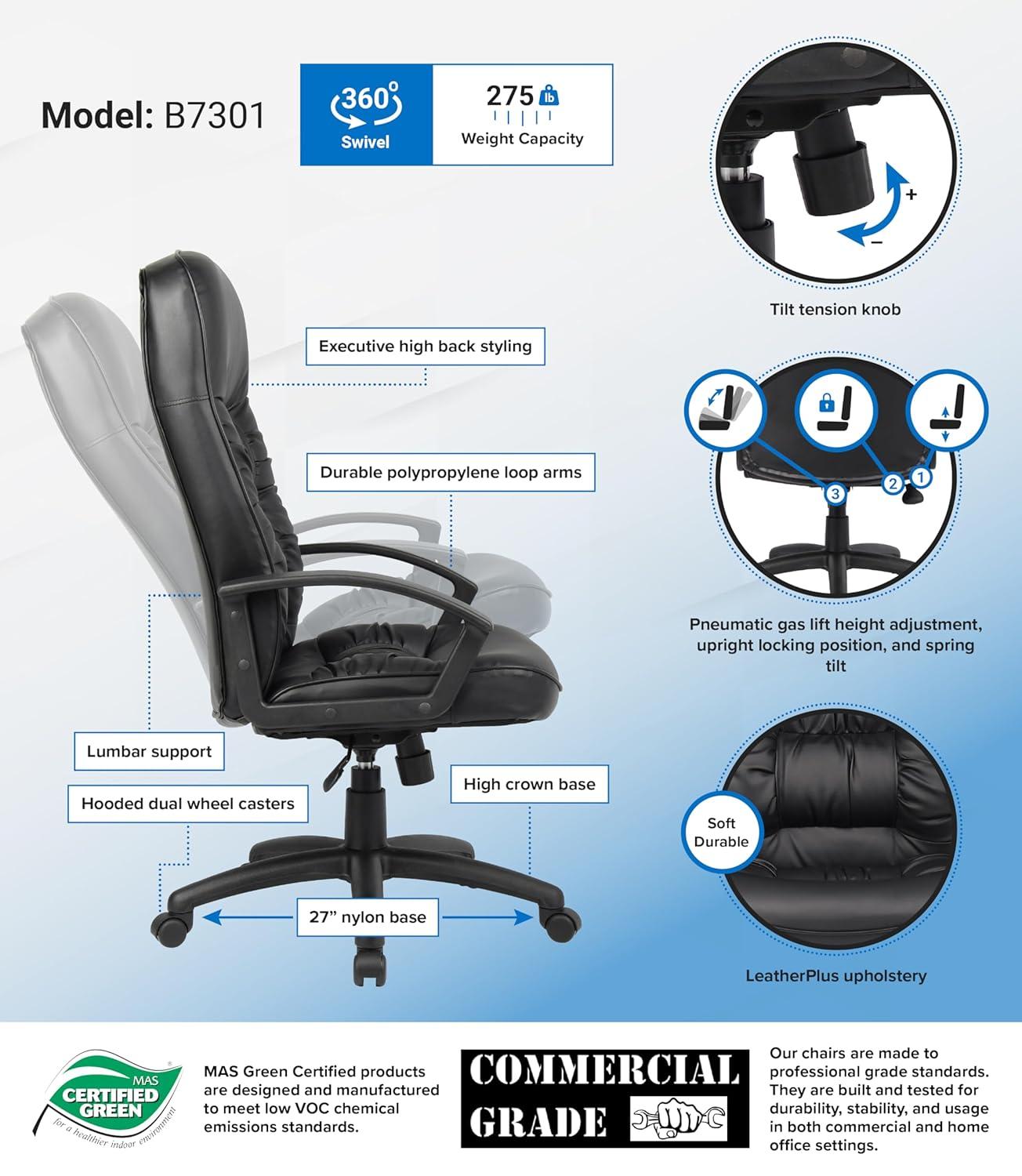 High Back LeatherPlus Chair Black - Boss Office Products: Ergonomic, Adjustable, Swivel, Casters/Wheels