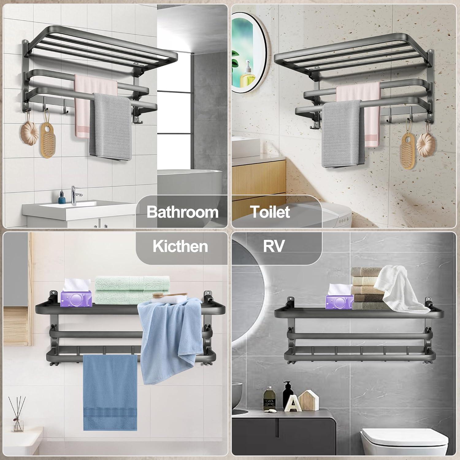 VOLDRA Towel Racks for Bathroom, 24-Inch Towel Shelf with Towel Bar Foldable Towel Holder with 7 Hooks Towel Storage Organizer for Bathroom & Lavatory Wall Mounted(Matte Black)