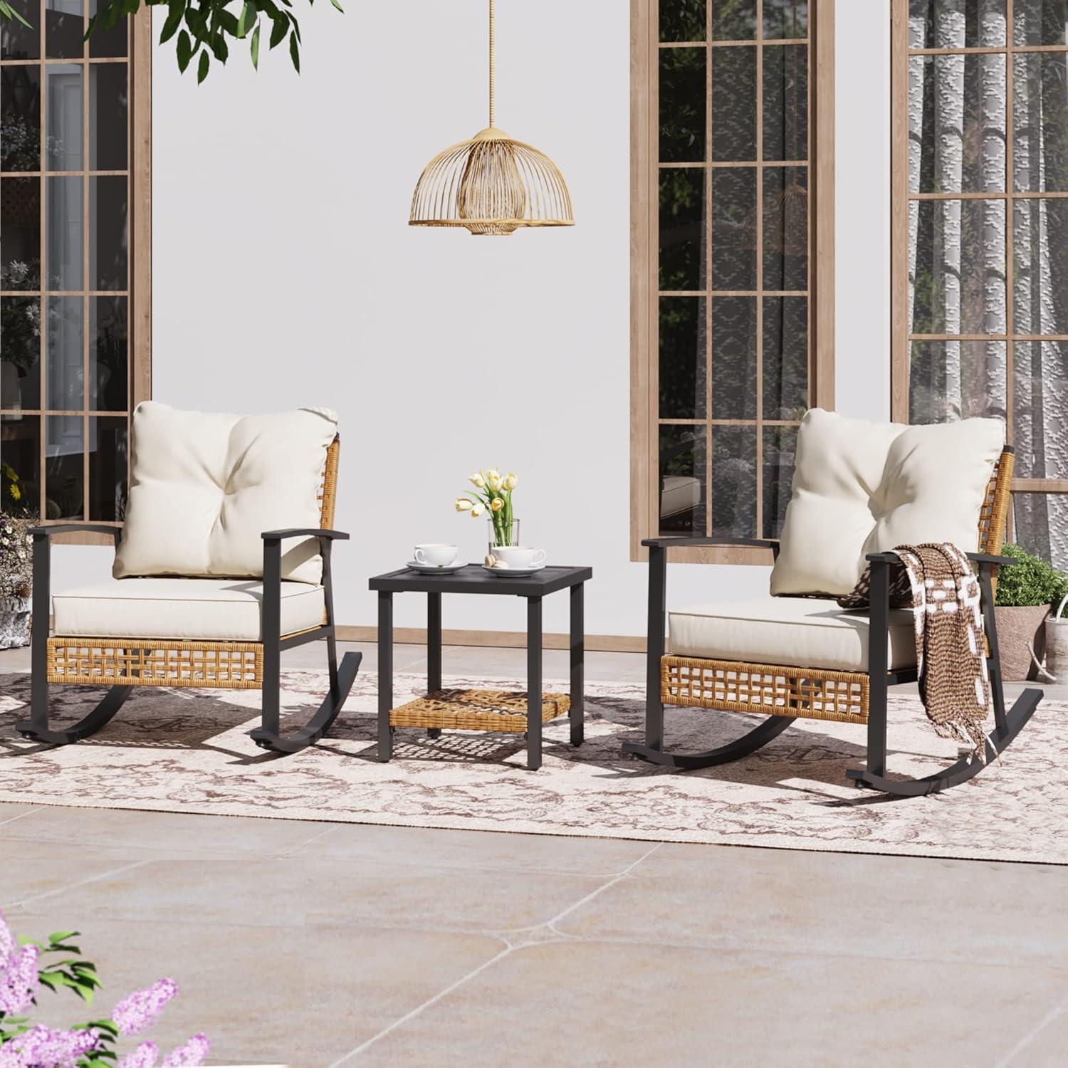 LAUSAINT HOME 3 Pieces Patio Outdoor Conversation Set with 2-Tier Coffee Table, PE Wicker Rocking Chairs with Beige Cushions