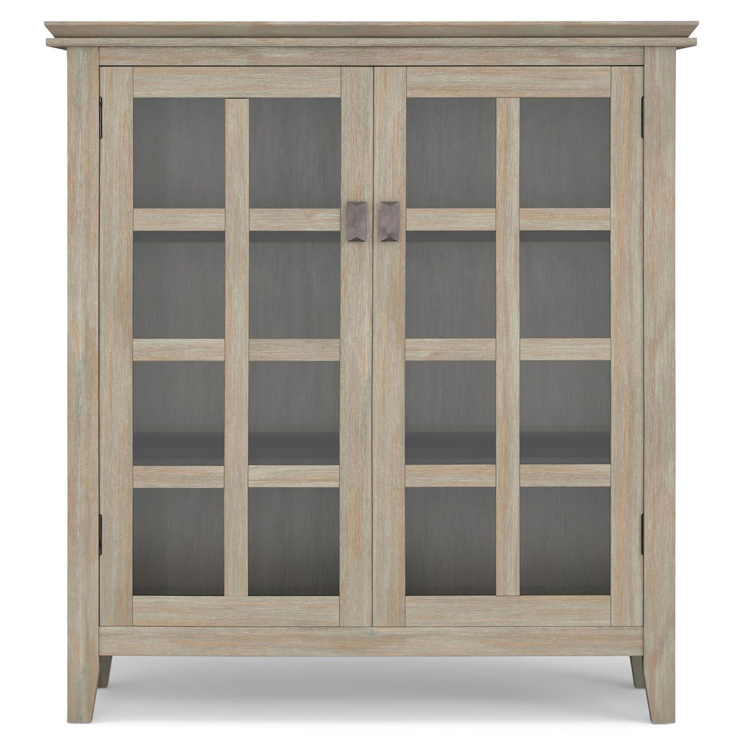 Simpli Home Artisan 38"W Solid Wood 4-Shelf Medium Storage Cabinet with Glass Doors and Adjustable Shelves