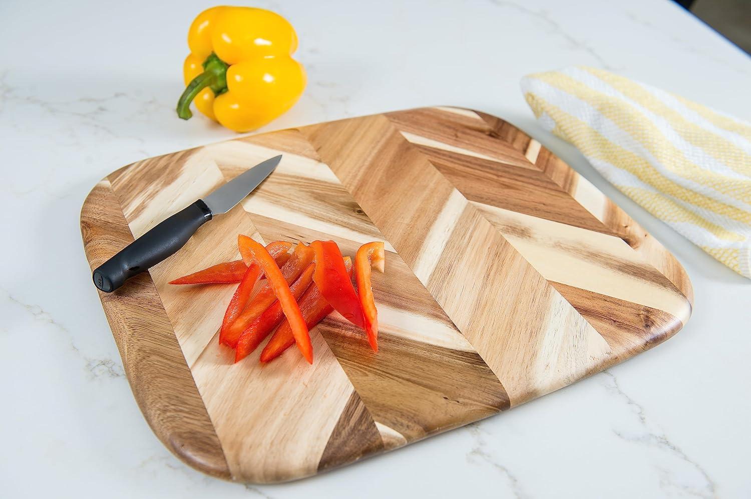 Lipper International Acacia Herringbone Rounded Edge Cutting/Serve Board With Inset Handles, Small
