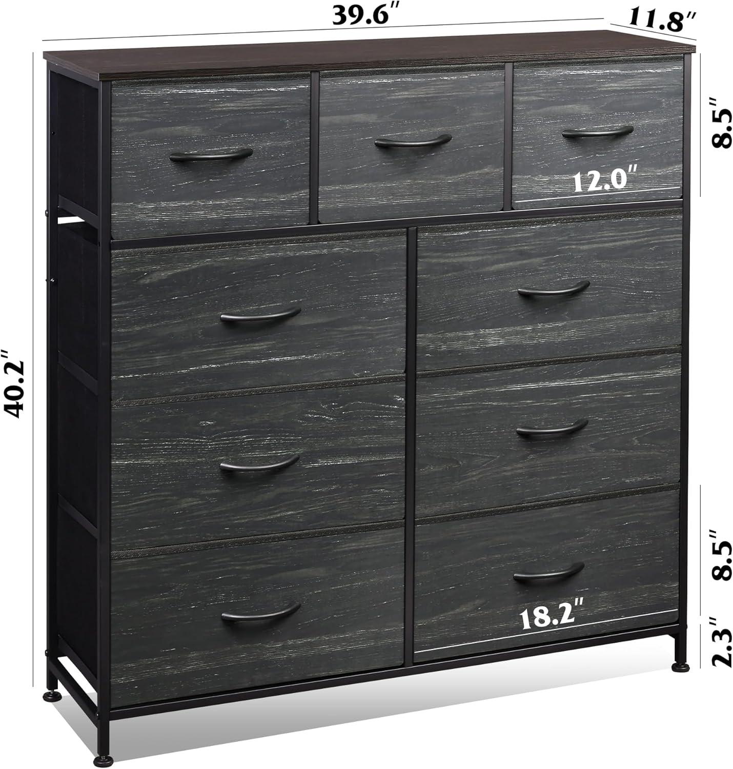 Charcoal Black 9-Drawer Fabric Storage Dresser with Wood Grain Top