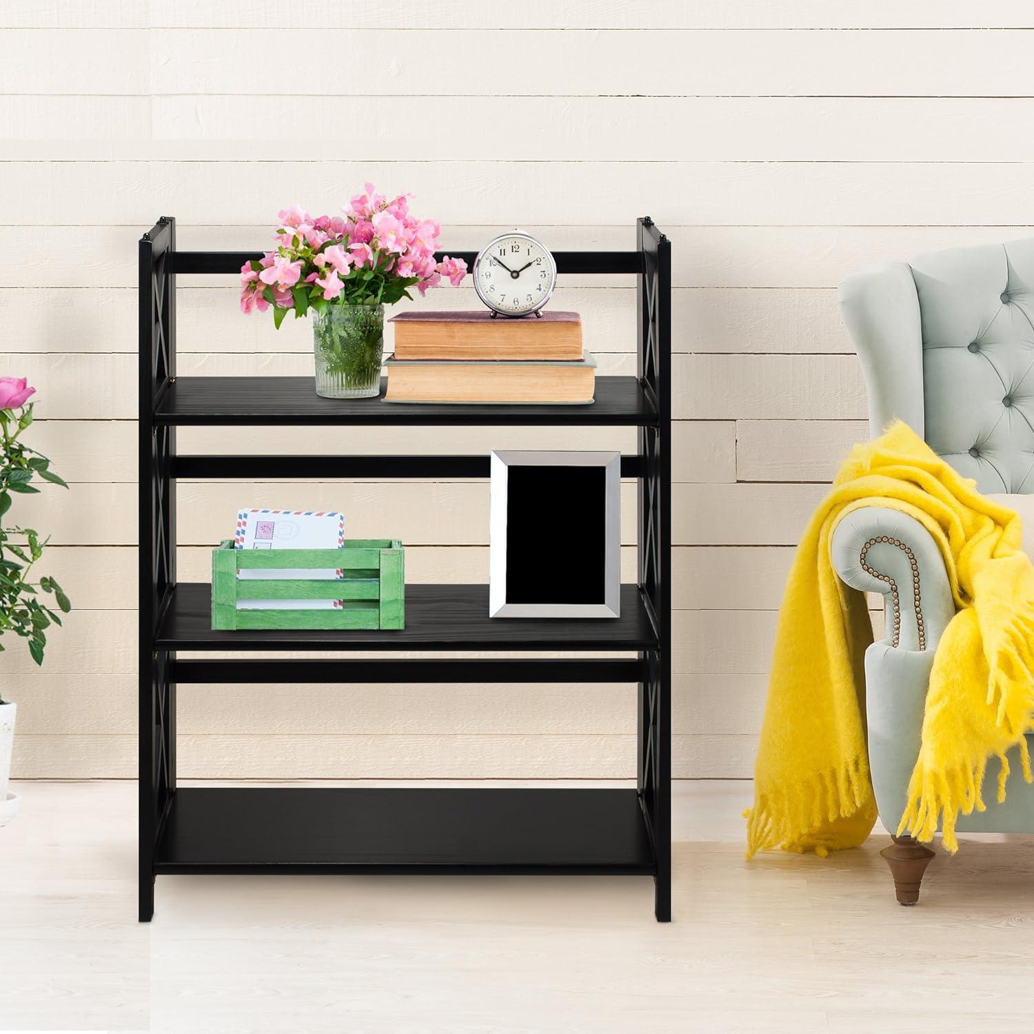 Casual Home - 38 in. Black Wood 3-shelf Etagere Bookcase with Open Back