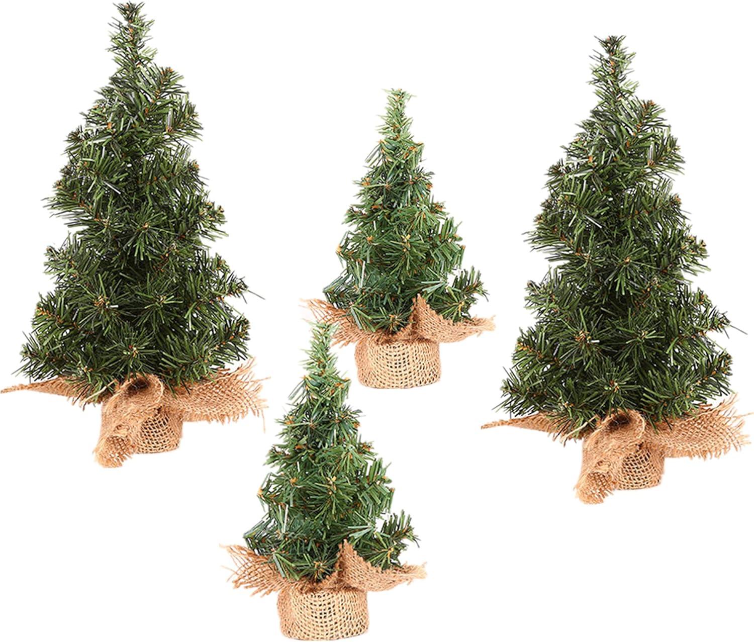 4 Pack Tabletop Mini Christmas Tree Artificial Mini Xmas Pine Tree Miniature Pine Christmas Tree with Linen Base for Christmas Decorations Indoor Home Kitchen Dining Table (7.87 inch &11.81inch)