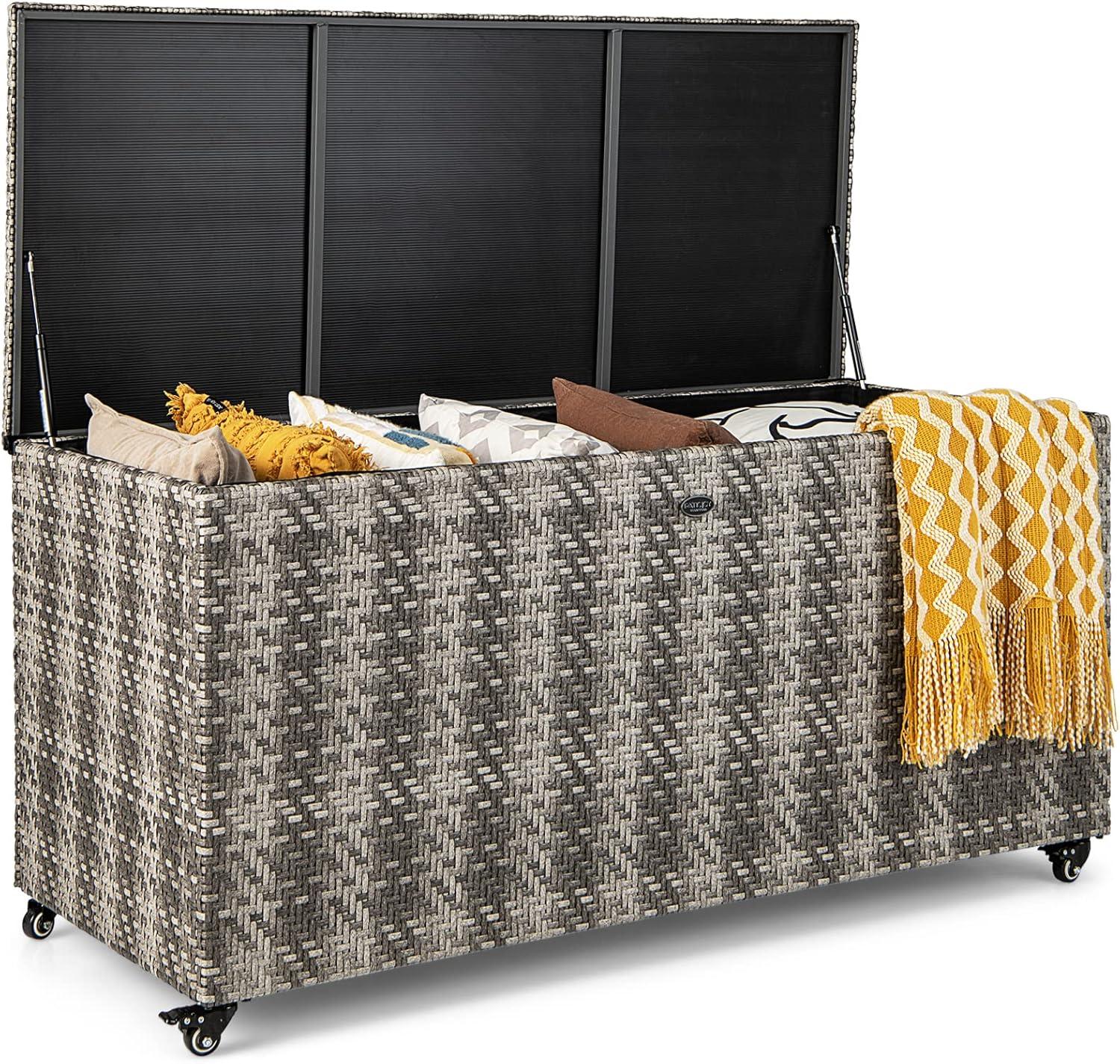 Costway 96 Gallon Patio Rattan Storage Deck Box Container Garden Liner Wheels Mix Grey