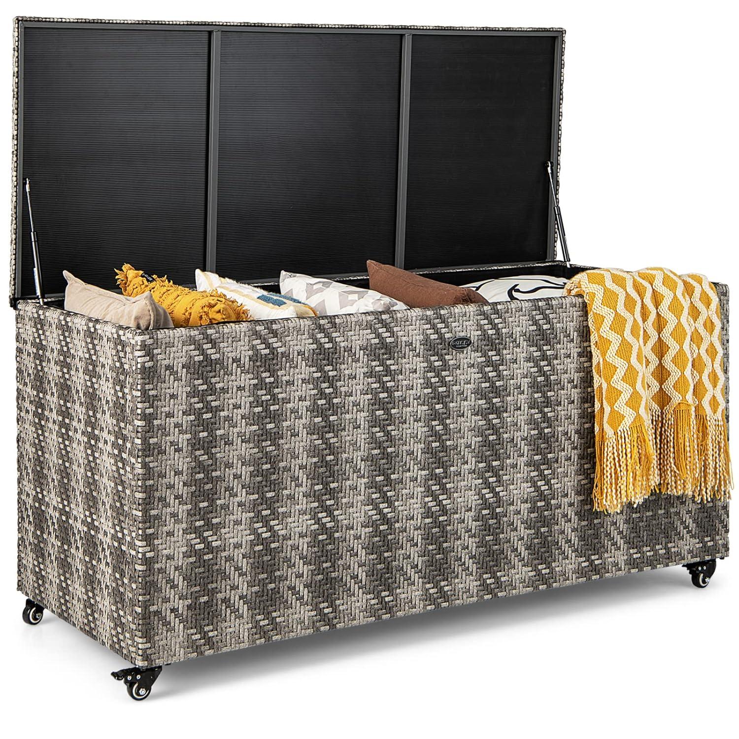 Costway 96 Gallon Patio Rattan Storage Deck Box Container Garden Liner Wheels Mix Grey