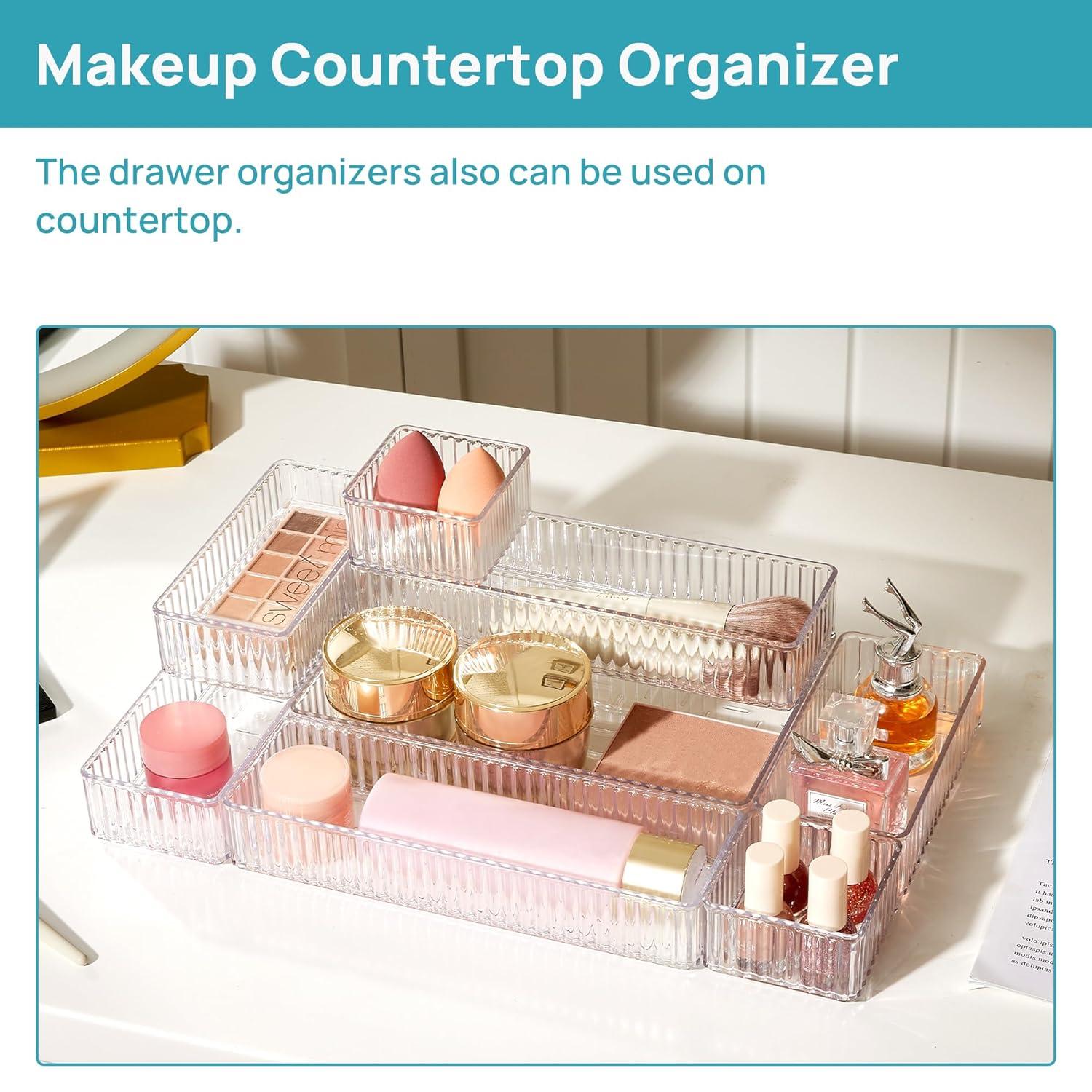 Hokku Designs 7 PCS Clear Drawer Organizers Bins, 4-Size Stackable Makeup And Vanity Drawer Organizer Trays, Acrylic Bathroom Drawer Storage Containers