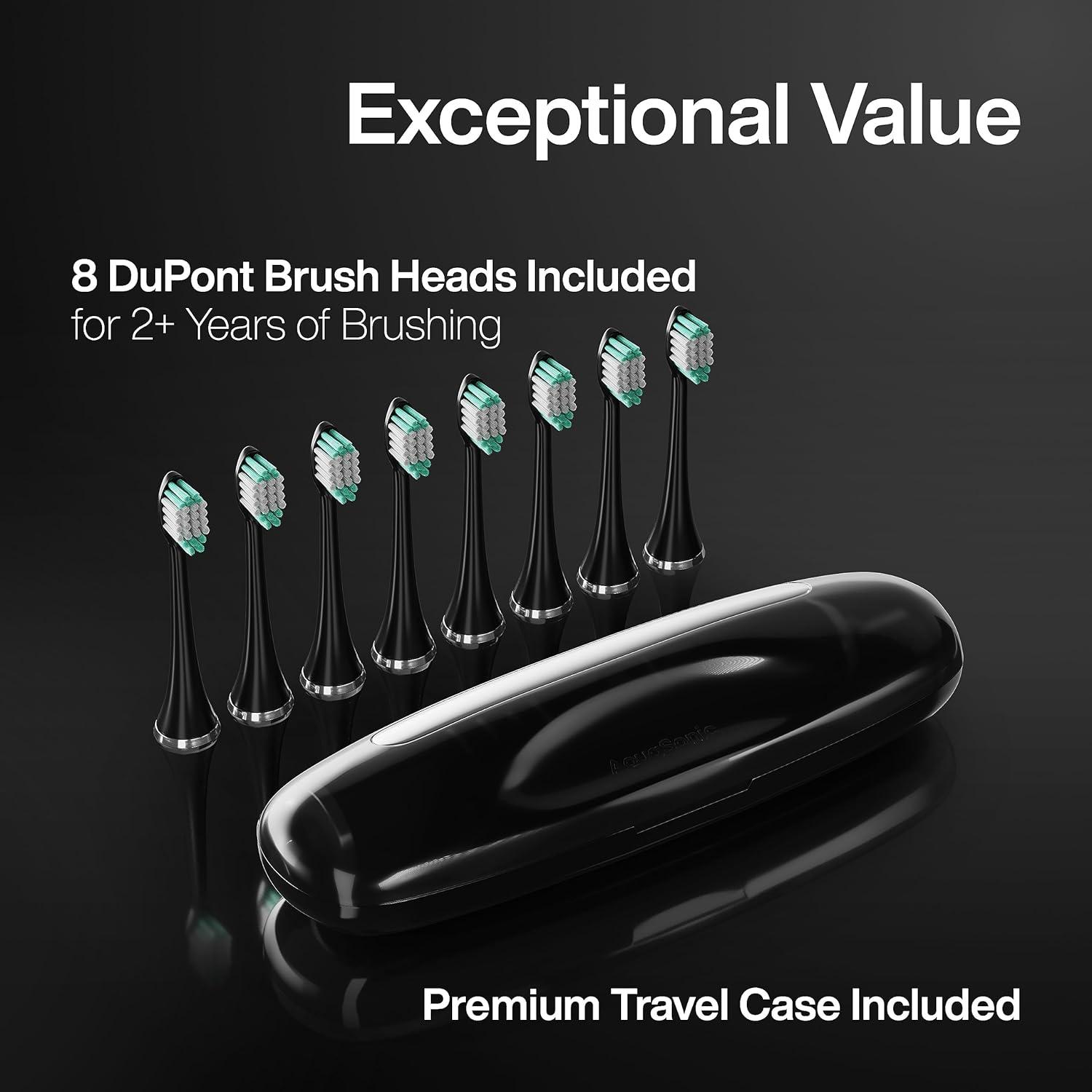 AquaSonic Black Series Electric Toothbrush - Rechargeable, 4 Modes, Travel Case, 8 Brush Heads