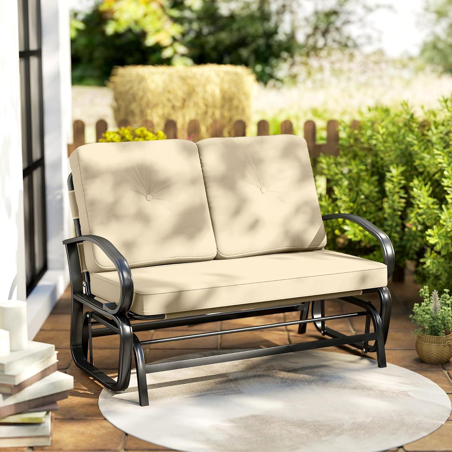 Outsunny Patio Glider Bench with Padded Cushions and Armrests, Outdoor 2-Person Swing Rocking Chair Loveseat with Sturdy Frame, Beige
