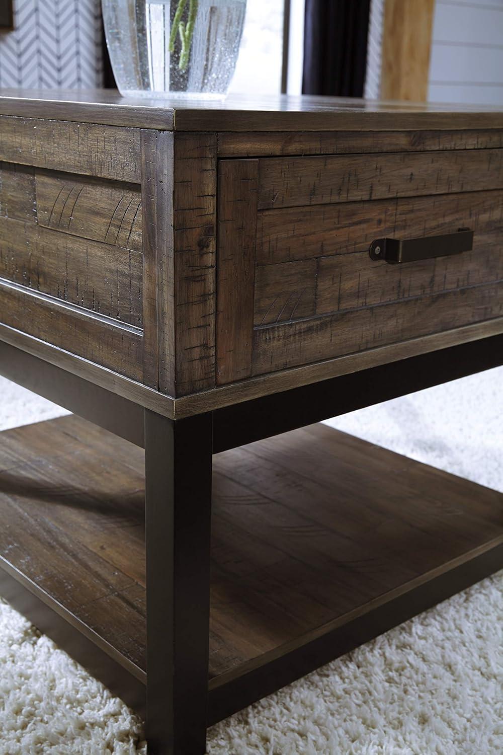 Rustic Brown and Black Rectangular Wood End Table with Storage