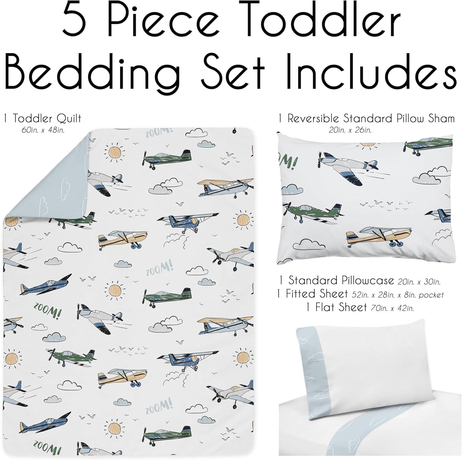 Airplane Green and Blue 5 Piece Toddler Bedding Set by Sweet Jojo Designs (Set of 5)