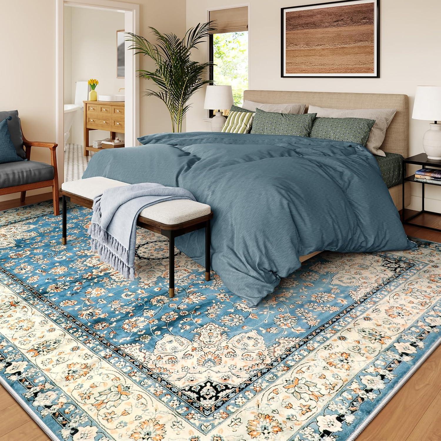 Lahome Area Rugs for Living Room 6'x9' Washable Oriental Floral Medallion Rug Indoor Printed Carpet Non Slip Mat for Dining Bedroom Office Dorm Classroom, Blue