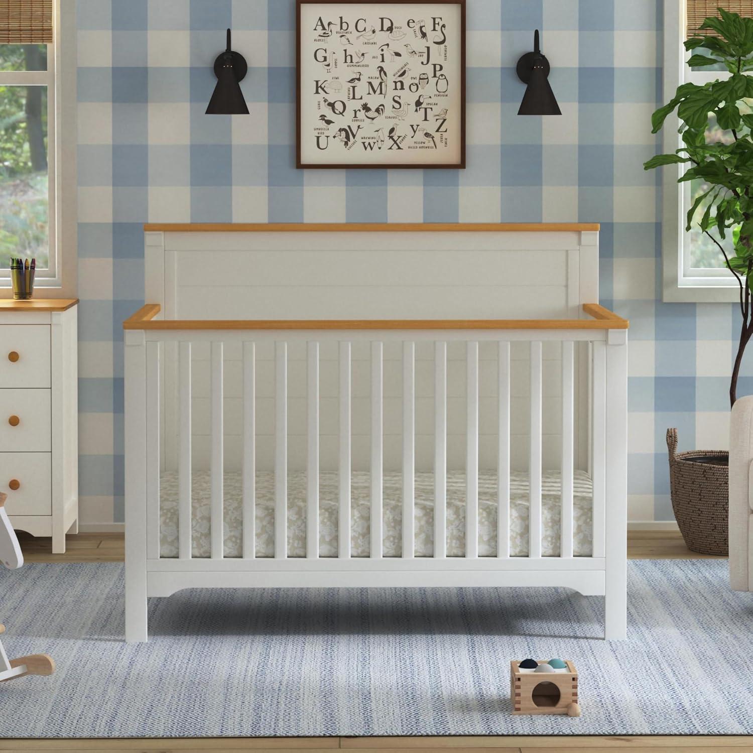 Warm White and Honey 4-in-1 Convertible Crib with Wood Paneling