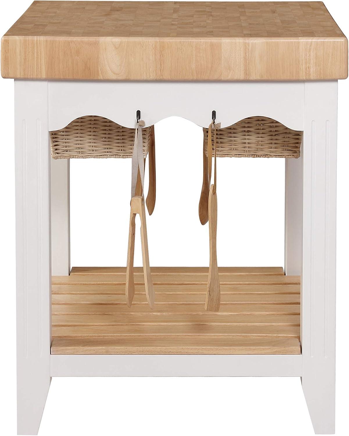 Linon Kolton Butcher Block Kitchen Island with 2 Baskets in White/Natural Wood