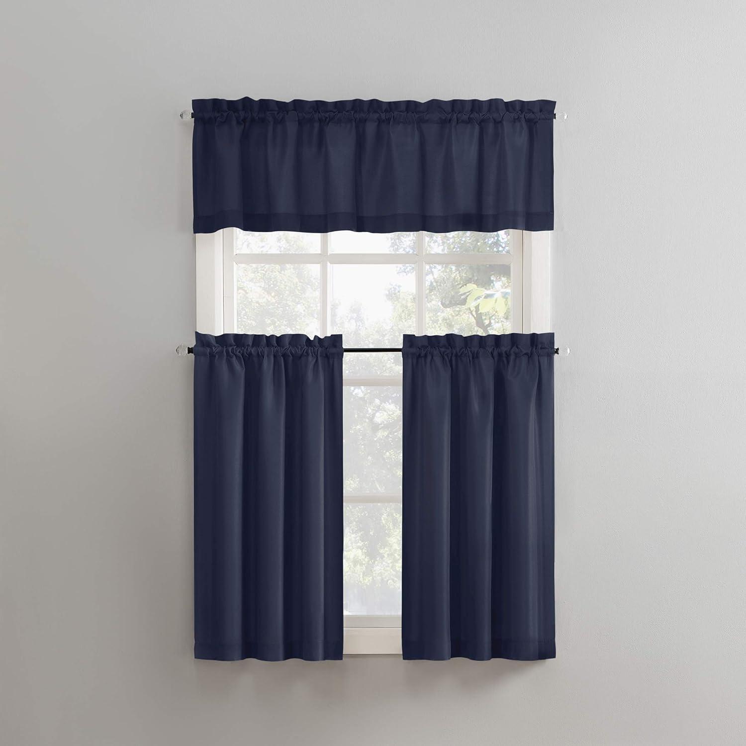 Navy Blue Sheer Polyester Rod Pocket Kitchen Curtain Set