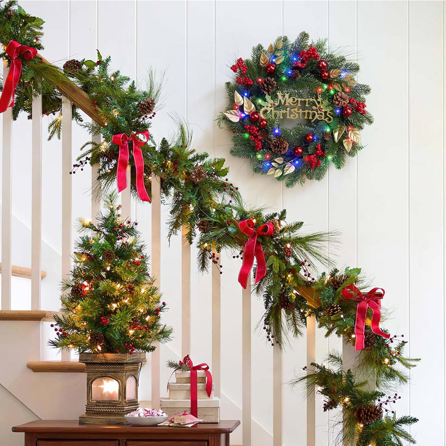 Christmas Wreath for Front Door, 18 Inch Outdoor Christmas Wreath, Battery Operated Xmas Wreath with Silver White Ball Ornaments Bows and 40 LED Lights for Home Holiday Decor