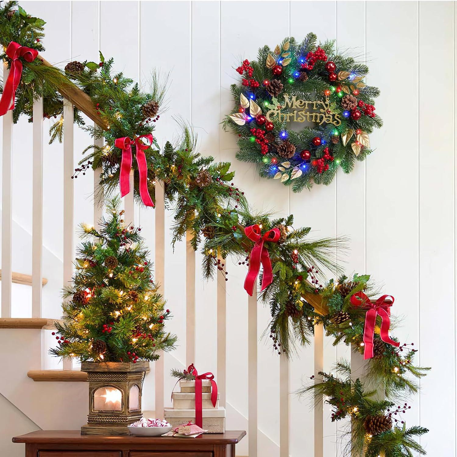 Christmas Wreath for Front Door, 18 Inch Outdoor Christmas Wreath, Battery Operated Xmas Wreath with Silver White Ball Ornaments Bows and 40 LED Lights for Home Holiday Decor