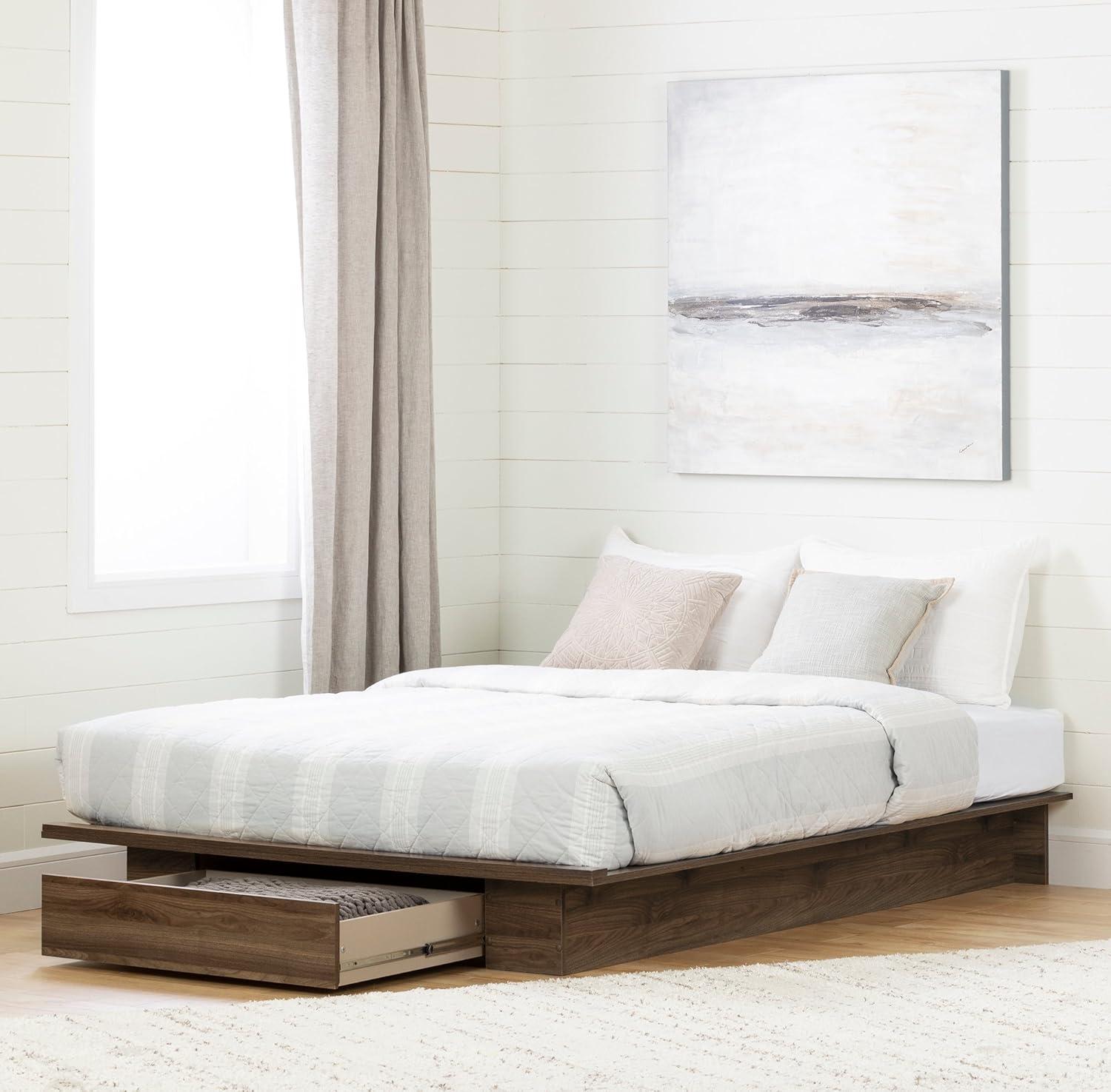 Natural Walnut Queen Platform Bed with Storage Drawer