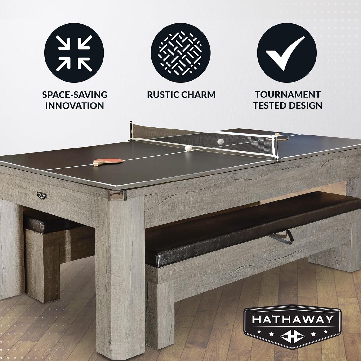 Hathaway Games Hathaway Newport Stylish 7 Ft Multi Game Pool Table Combo with Dining Top and Ping Pong – Includes Benches for Home Storage and Accessories