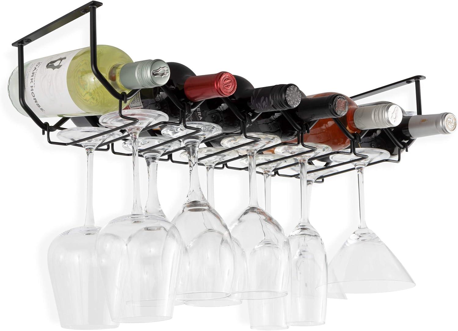 Black Metal Under Cabinet Wine Rack with Glass Holder