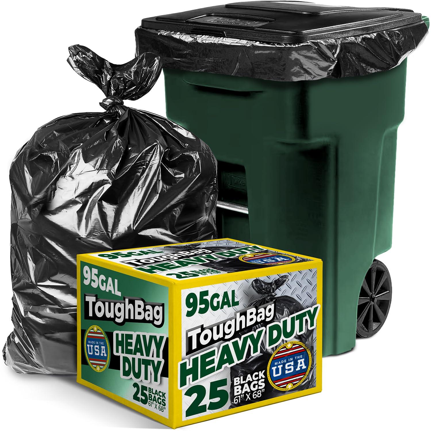 ToughBag 95-96 Gallon Trash Bags (25 Count) Heavy-Duty Trash Can Liners, 1.2 Mil Thick, 61x68" - Made In USA