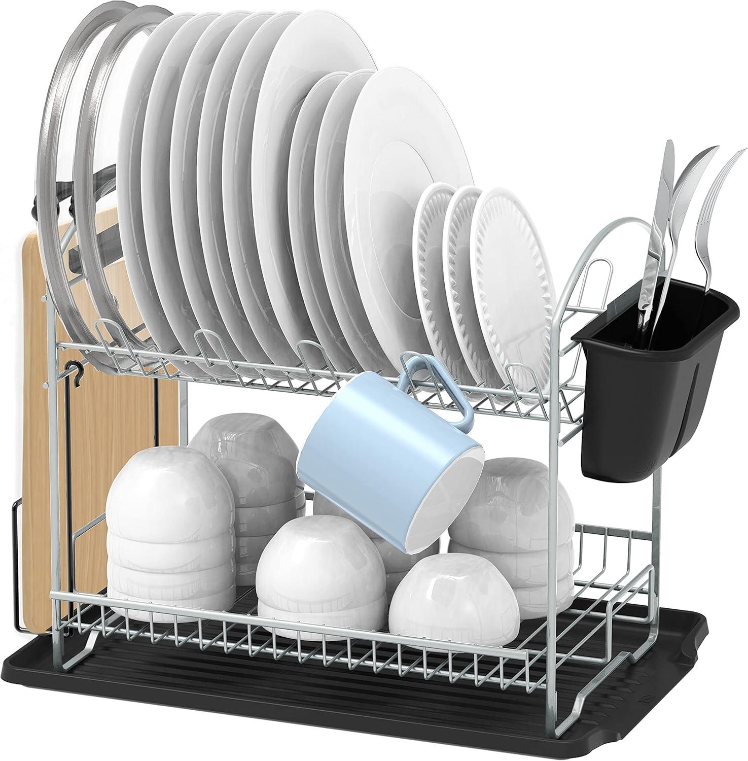 SimpleHouseware 2-Tier Dish Rack with Drainboard, Silver