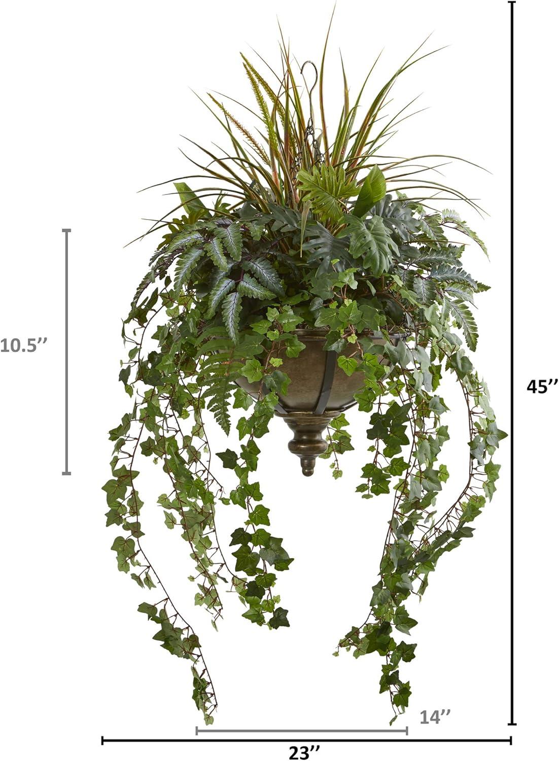 Nearly Natural 45” Ivy and Mix Greens Artificial Plant in Hanging Metal Bowl