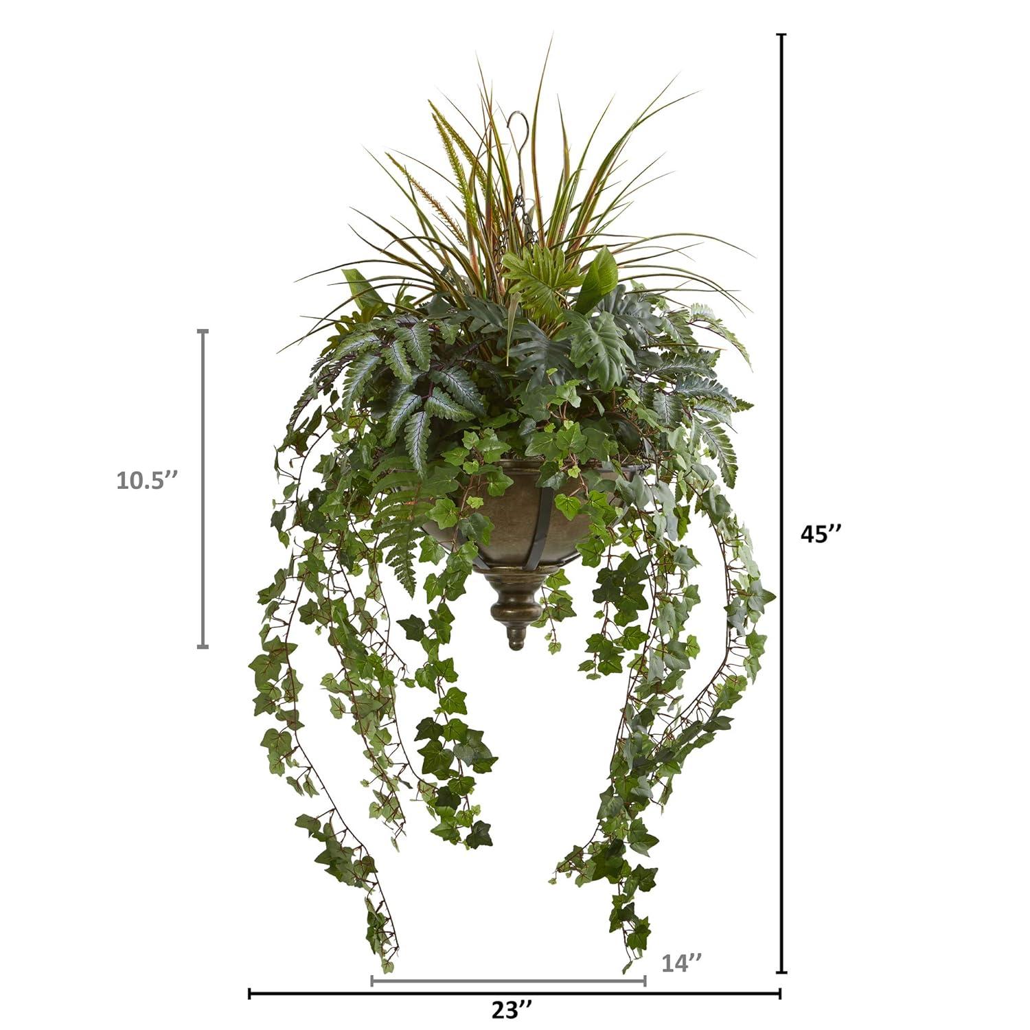 Nearly Natural 45” Ivy and Mix Greens Artificial Plant in Hanging Metal Bowl