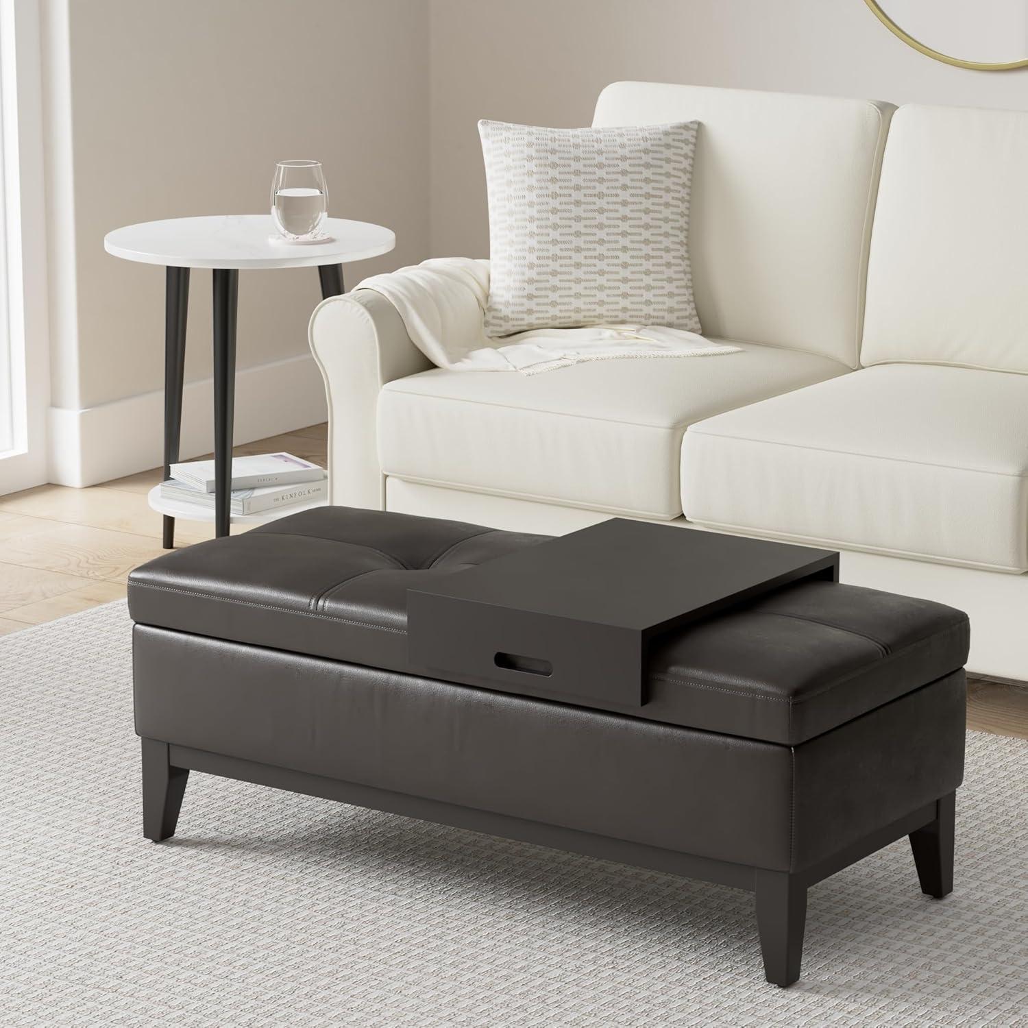 Simpli Home Oregon 42"W Upholstered Storage Ottoman Bench with Lift-Top Lid and Tray
