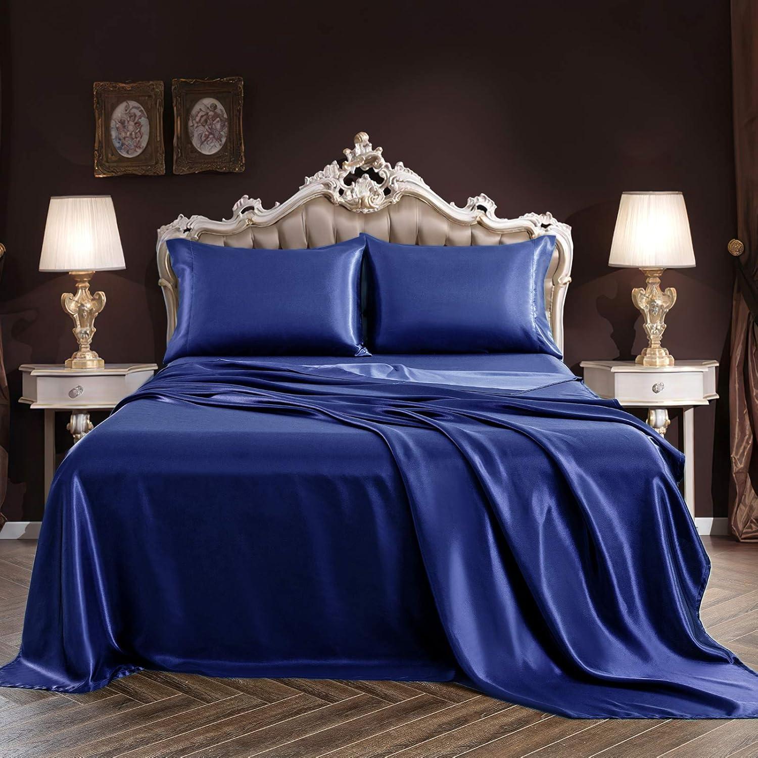 SiinvdaBZX 4Pcs Satin Sheet Set Queen Size Ultra Silky Soft Navy Blue Satin Queen Bed Sheets with Deep Pocket, 1 Fitted Sheet, 1 Flat Sheet, 2 Envelope Closure Pillowcases